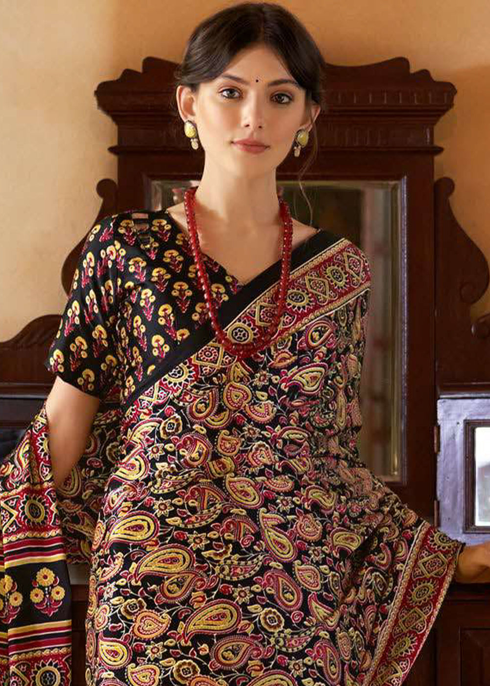 Sable Black Ajrakh Printed Satin Crepe Saree:Summer Collection - qivii