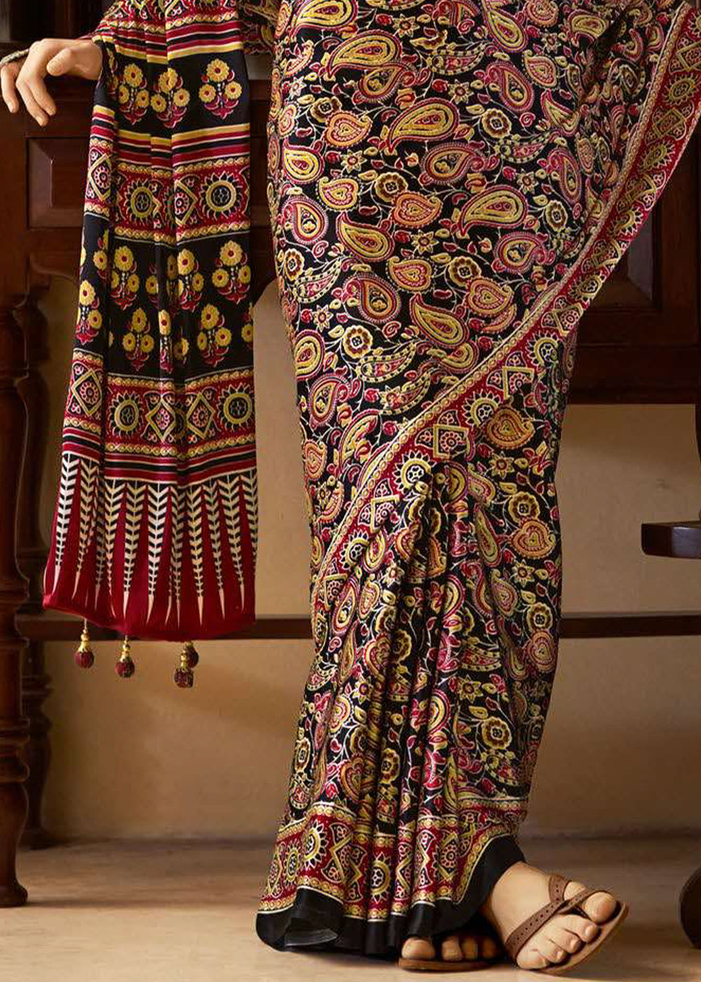 Sable Black Ajrakh Printed Satin Crepe Saree:Summer Collection - qivii