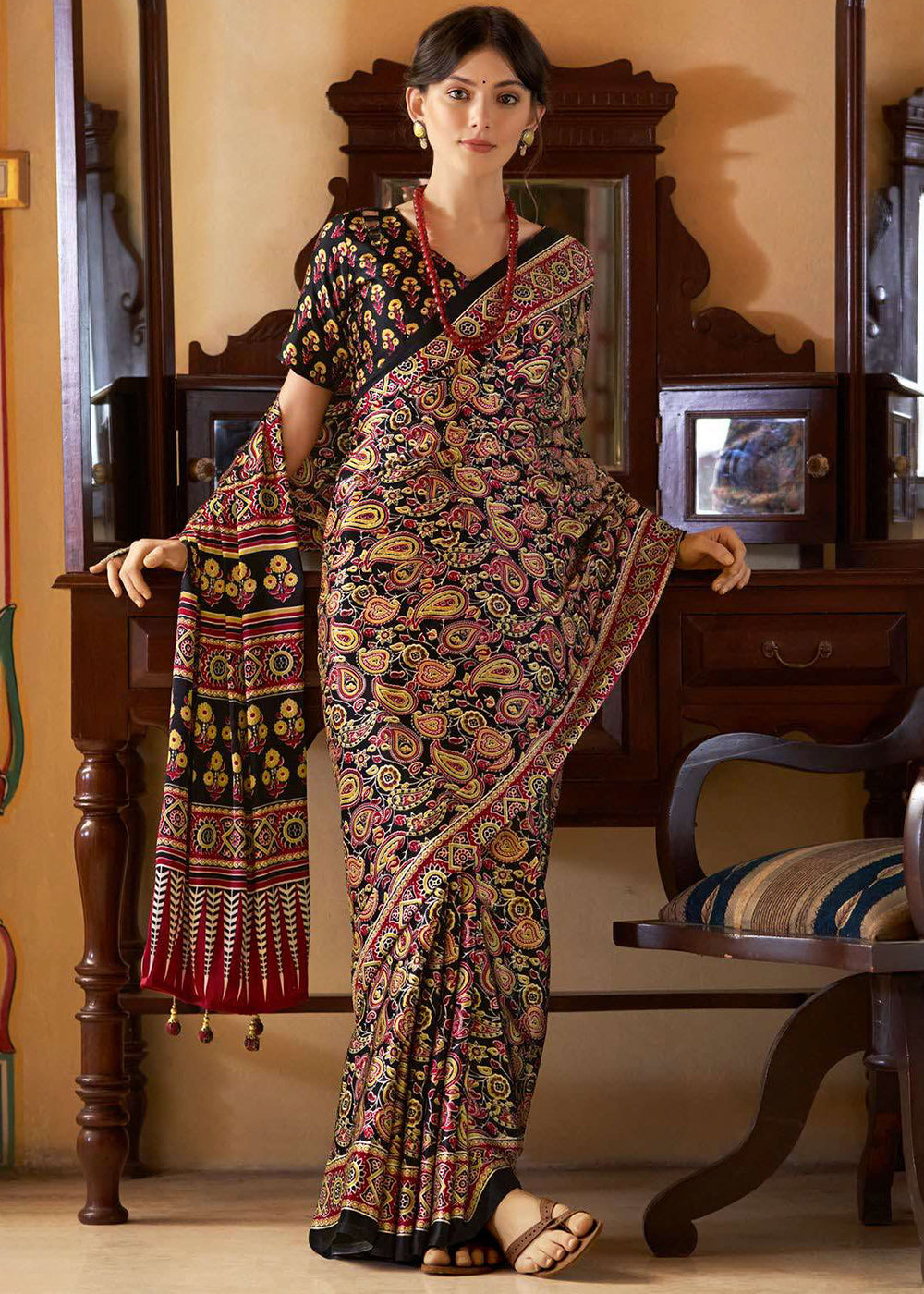 Sable Black Ajrakh Printed Satin Crepe Saree:Summer Collection - qivii