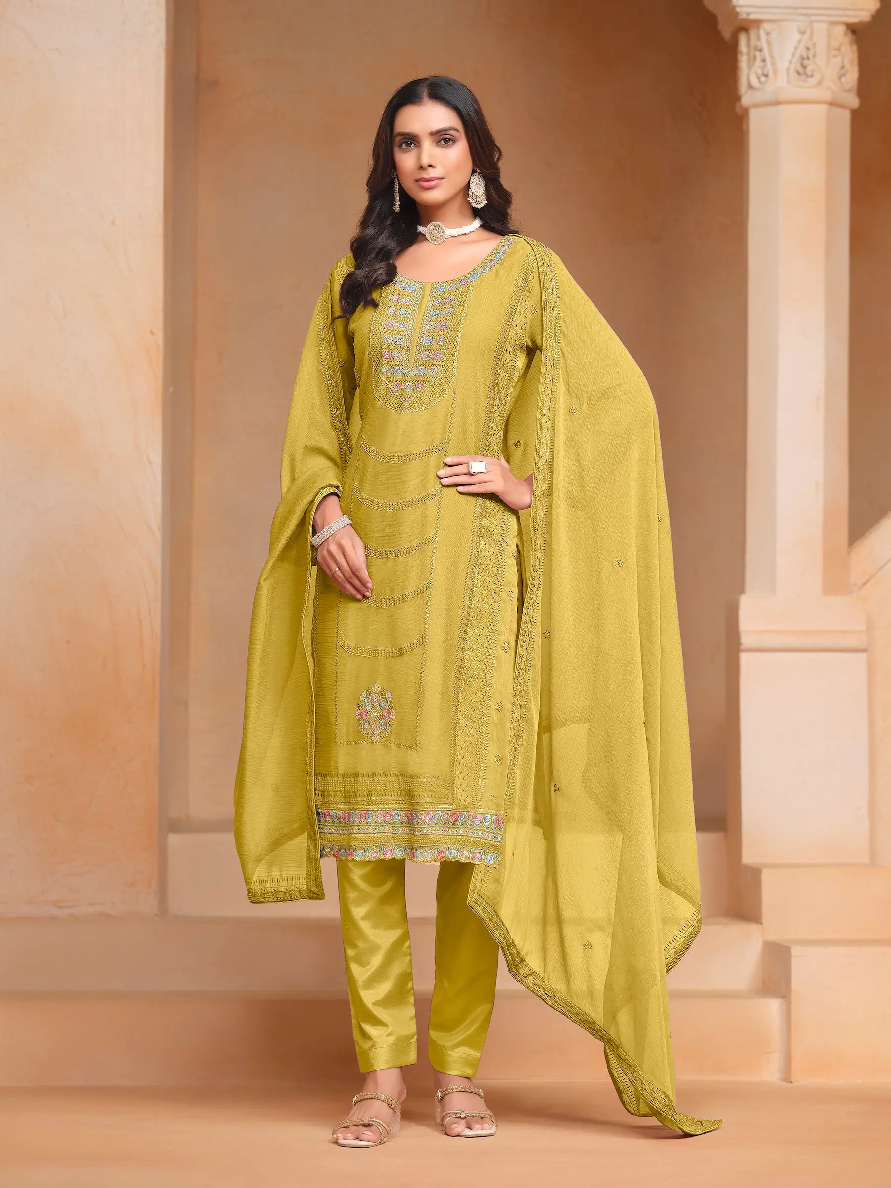 Yellow Organza Chiffon Thread & Sequence Embroidery Work Salwar Suit - qivii