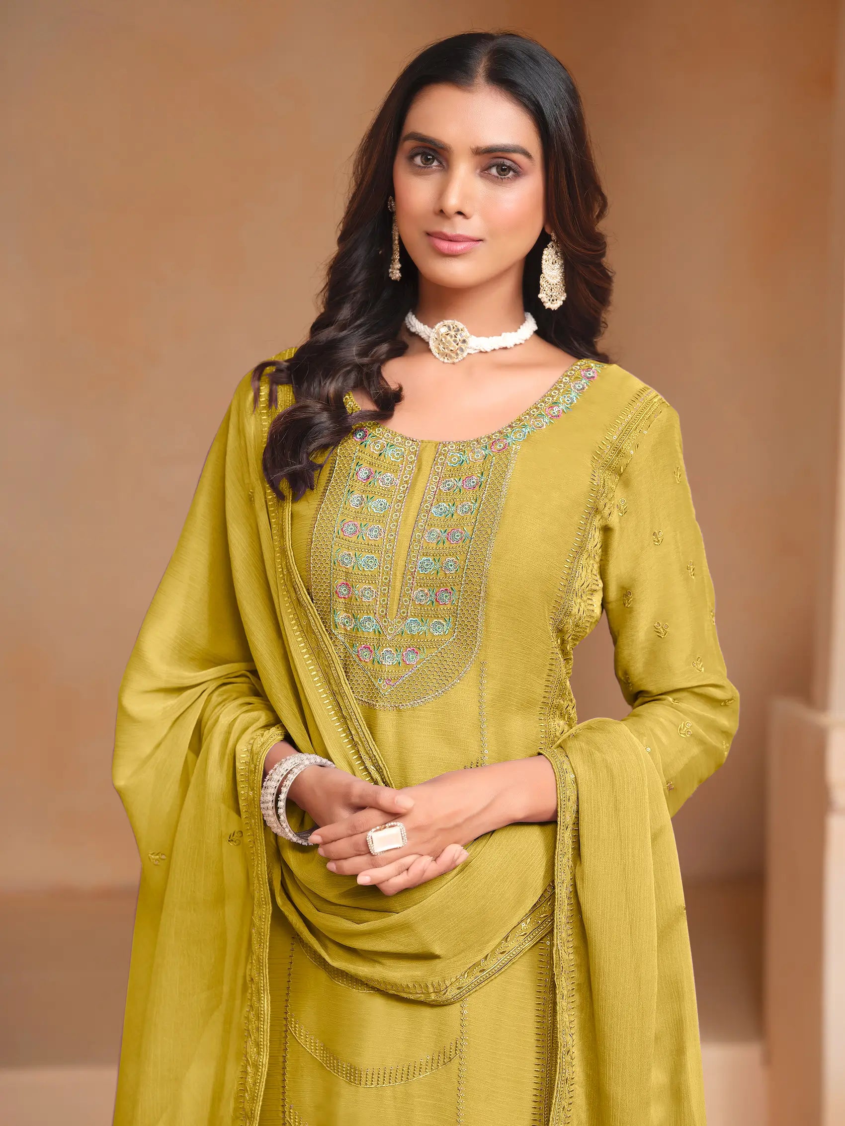 Yellow Organza Chiffon Thread & Sequence Embroidery Work Salwar Suit - qivii