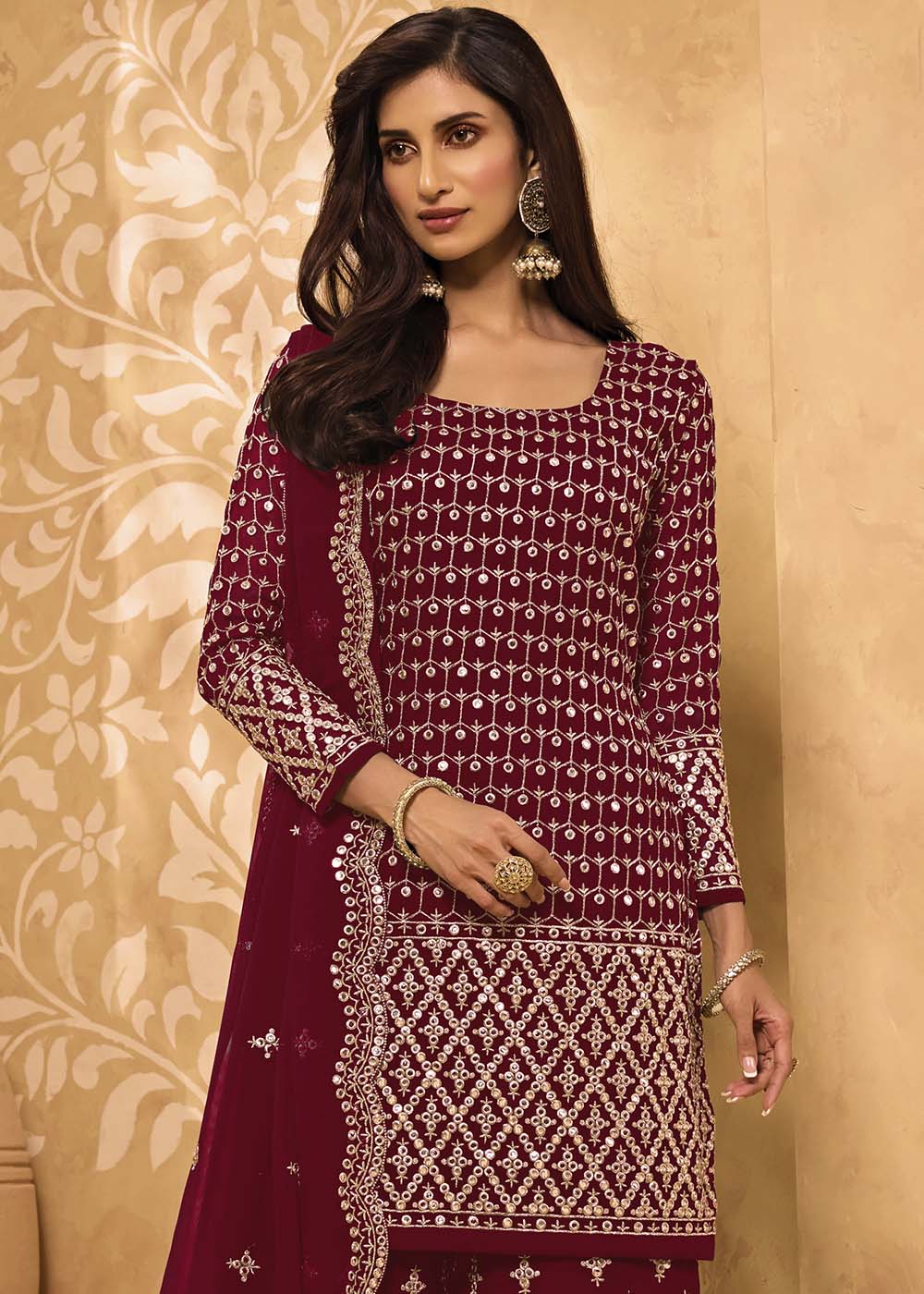 Maroon Red Georgette Metti with Zari work Sharara Suit - qivii