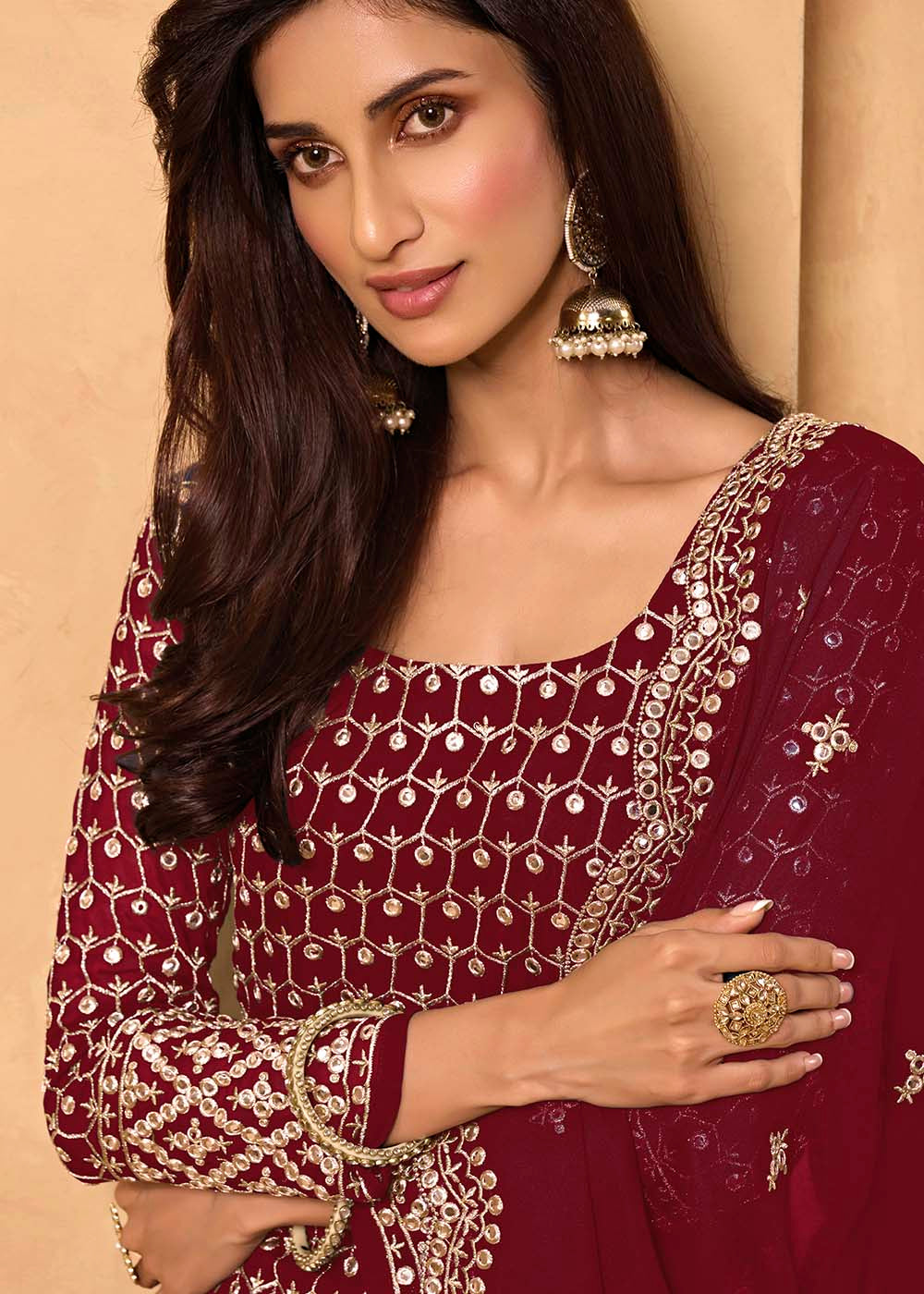 Maroon Red Georgette Metti with Zari work Sharara Suit - qivii