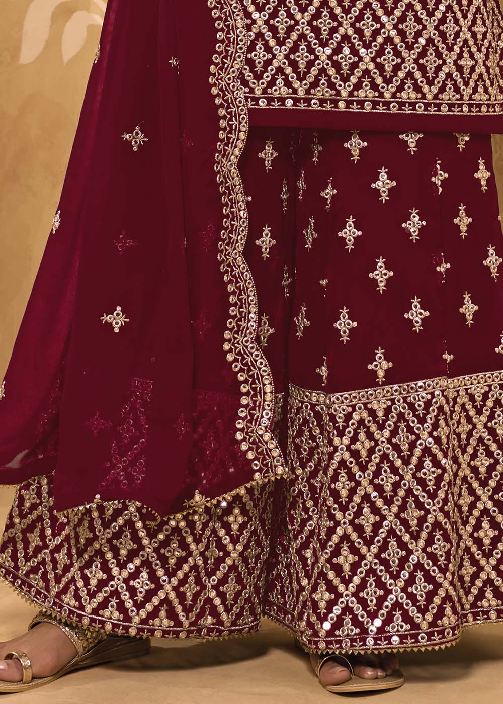 Maroon Red Georgette Metti with Zari work Sharara Suit - qivii