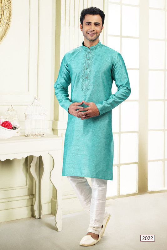Men's Teal Green Jacquard Banarasi Silk Thread Work Kurta Pajama Set