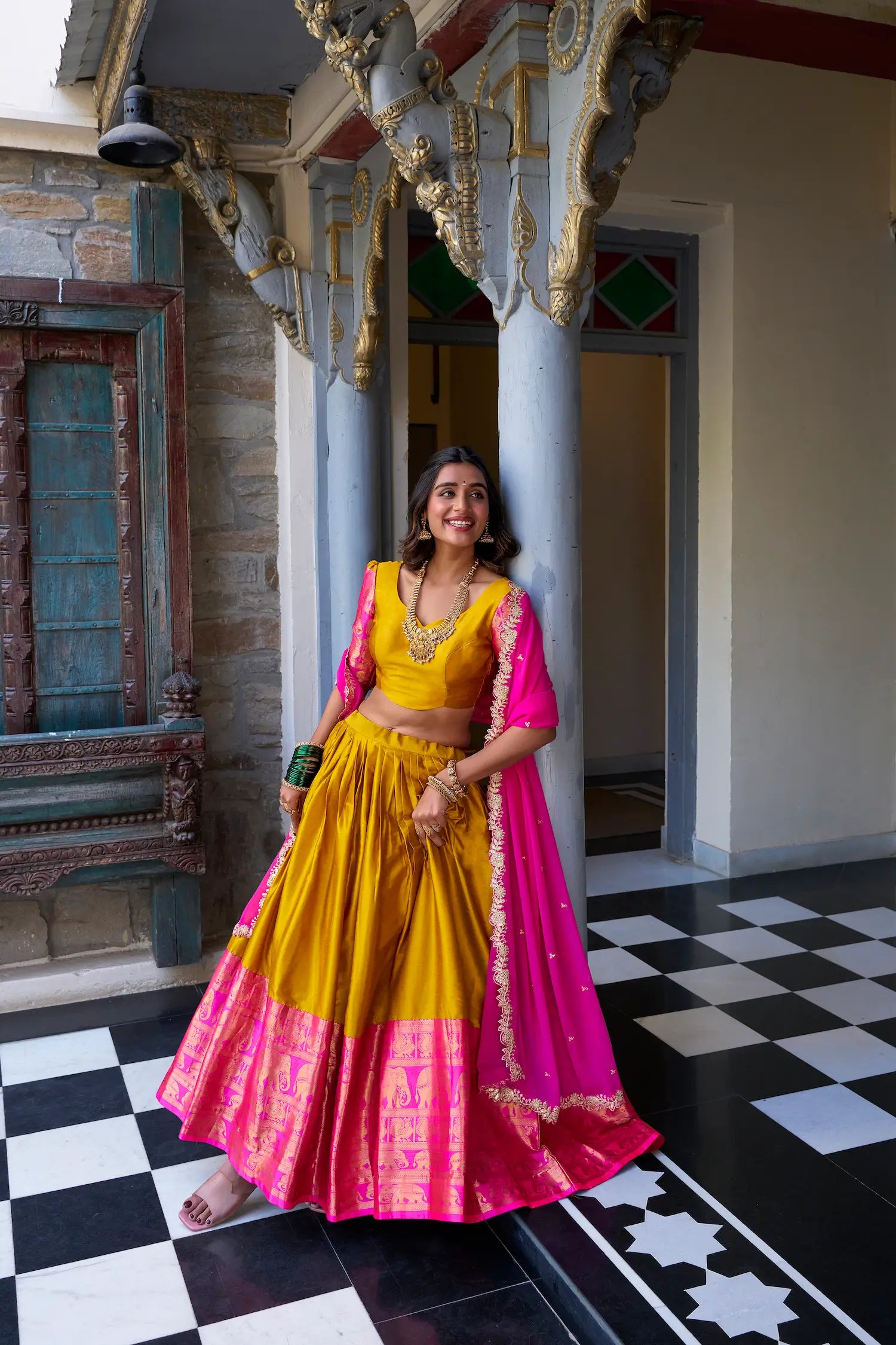 Mustard South Indian Lehenga choli With Zari Weaving Work & Sequins Embroidery - qivii