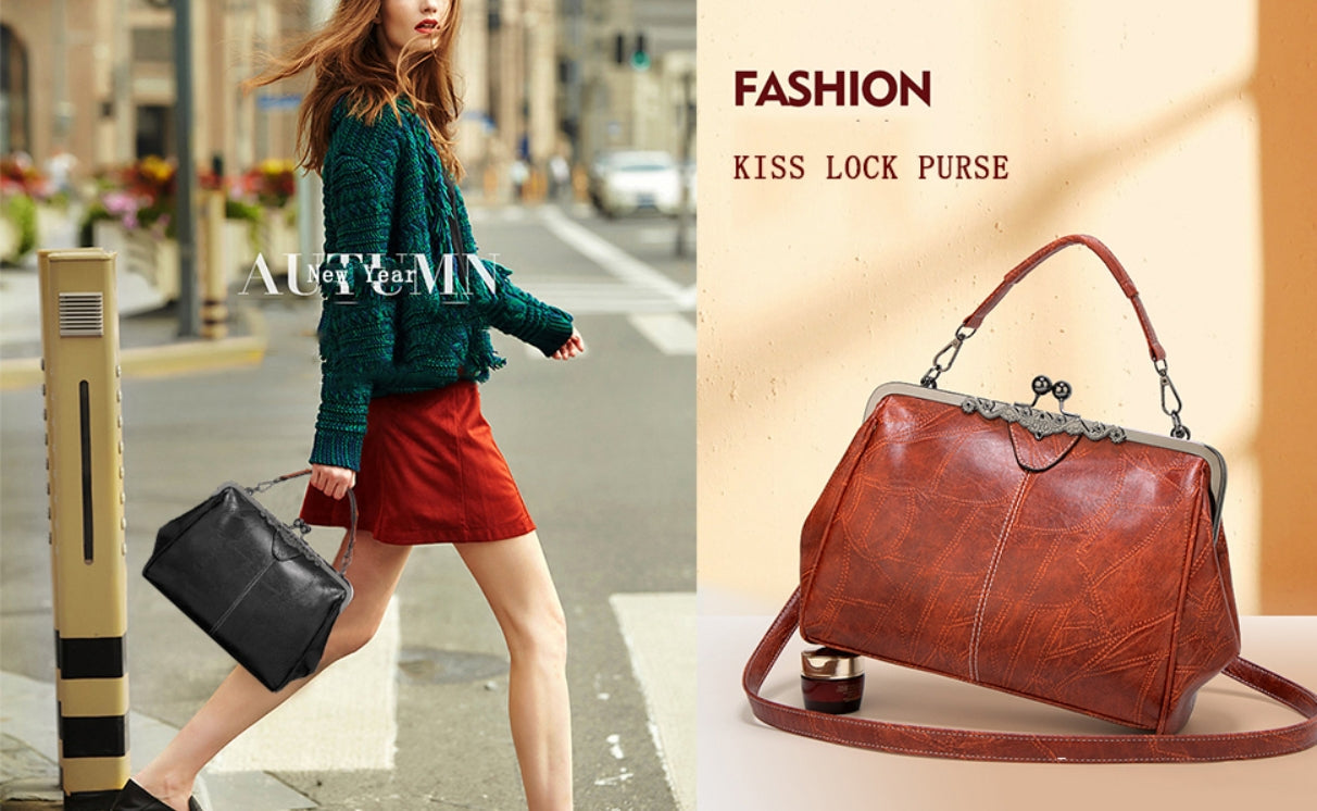 Women's British Vintage Oversized Bag – Multi-Way Shoulder/Tote Bag with Clip Closure