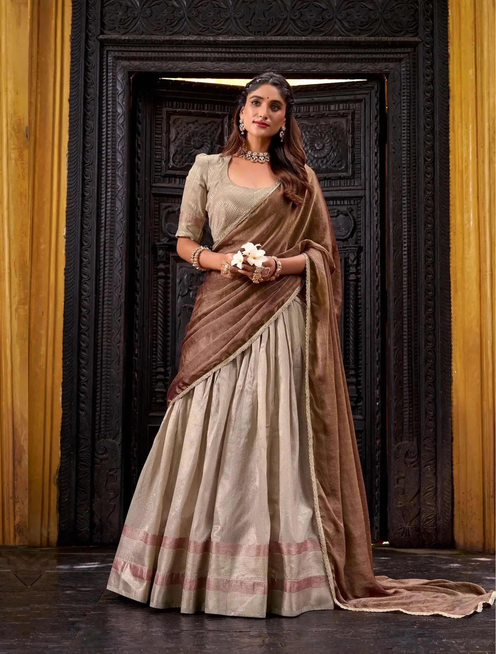 Sand Beige Dhupian Silk Zari Weaving Lehenga Choli - qivii