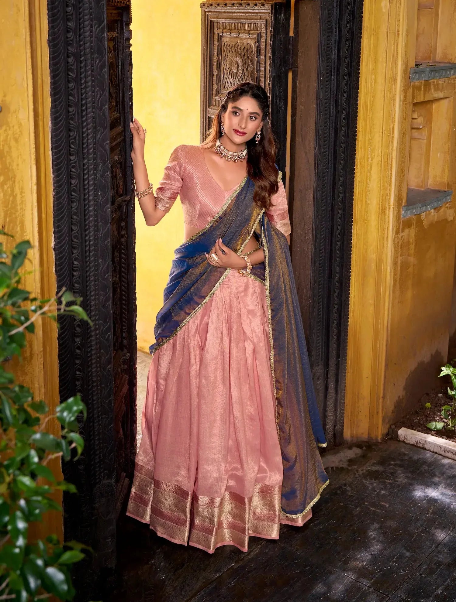 Light Pink Dhupian Silk Zari Weaving Lehenga Choli - qivii