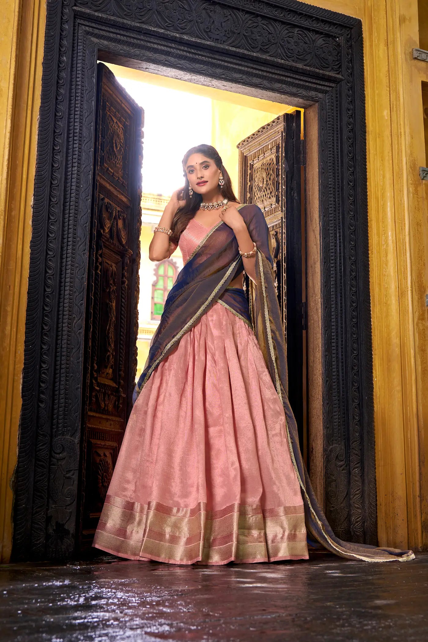 Light Pink Dhupian Silk Zari Weaving Lehenga Choli - qivii