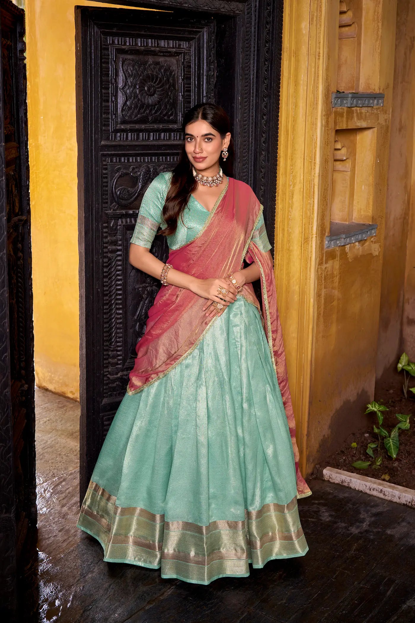Sea Blue Dhupian Silk Zari Weaving Lehenga Choli - qivii