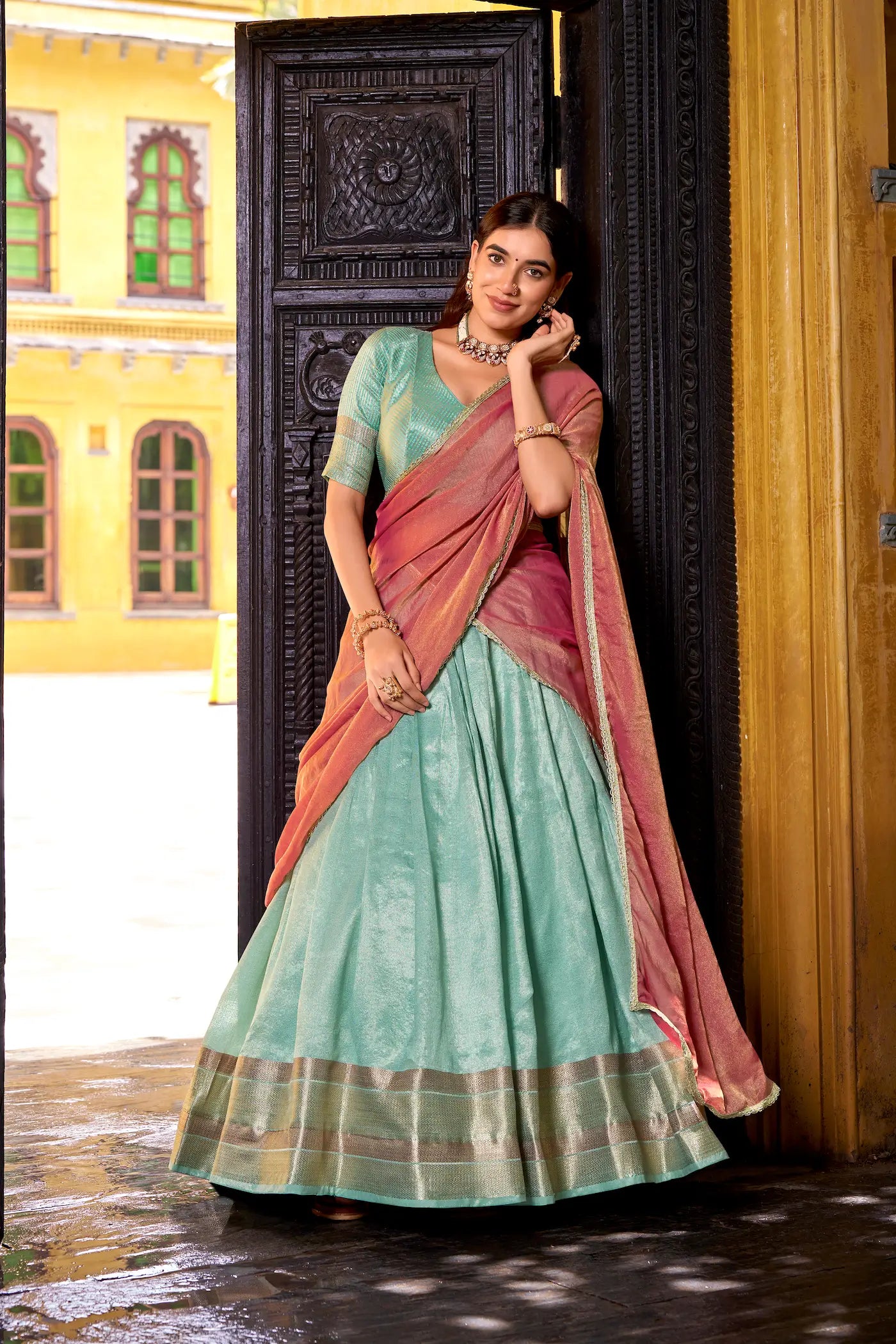 Sea Blue Dhupian Silk Zari Weaving Lehenga Choli - qivii