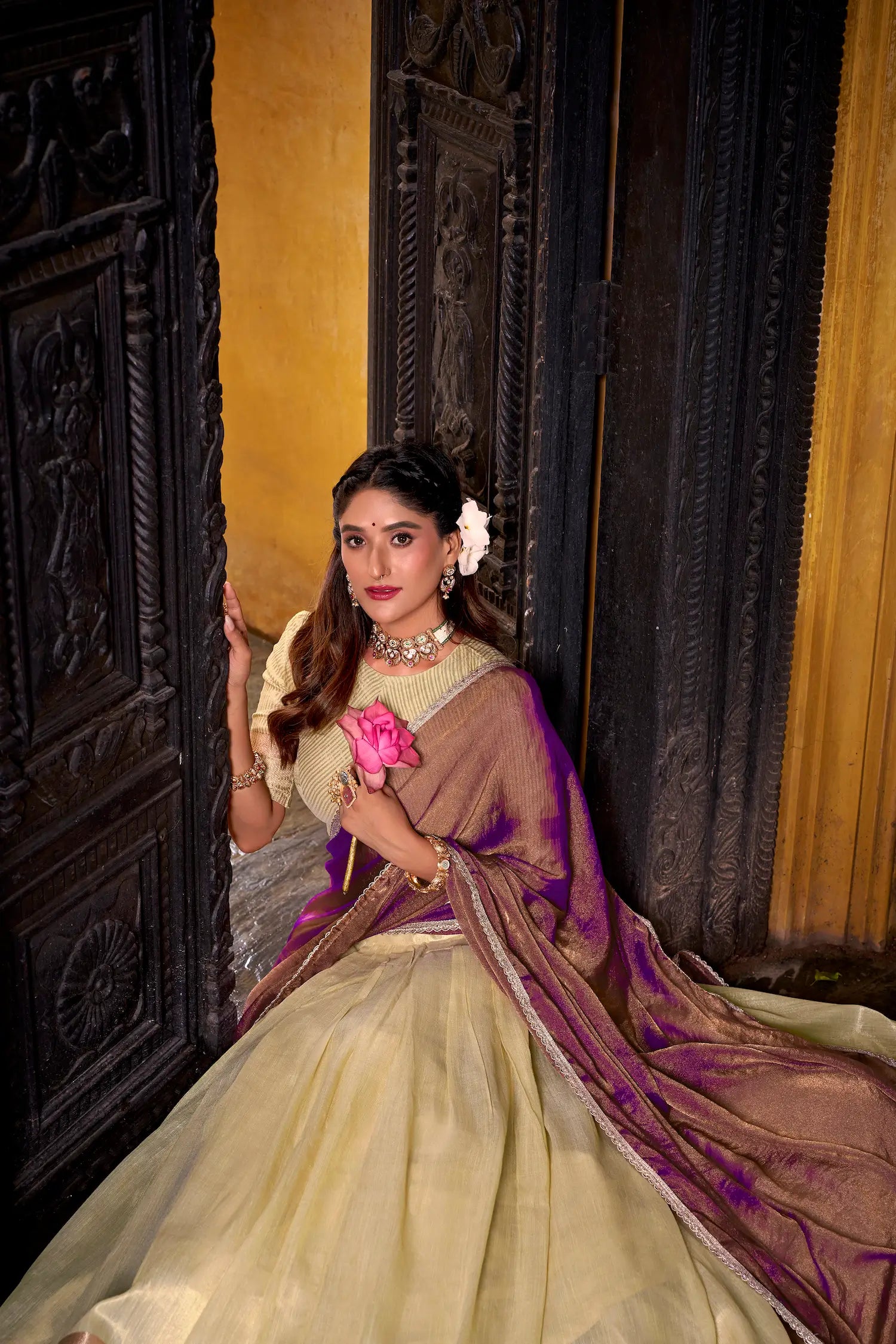 Tan Yellow Dhupian Silk Zari Weaving Lehenga Choli - qivii