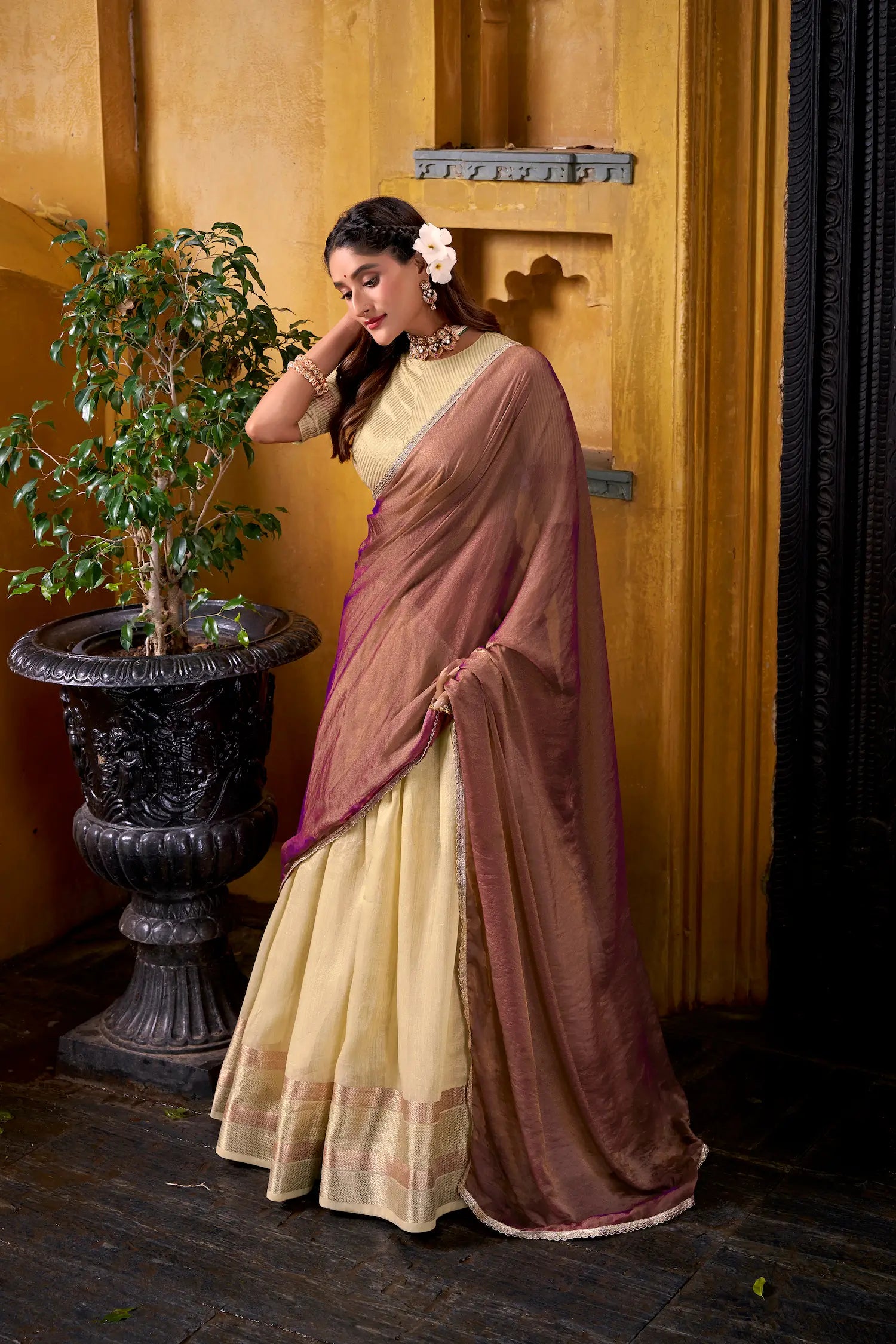Tan Yellow Dhupian Silk Zari Weaving Lehenga Choli - qivii