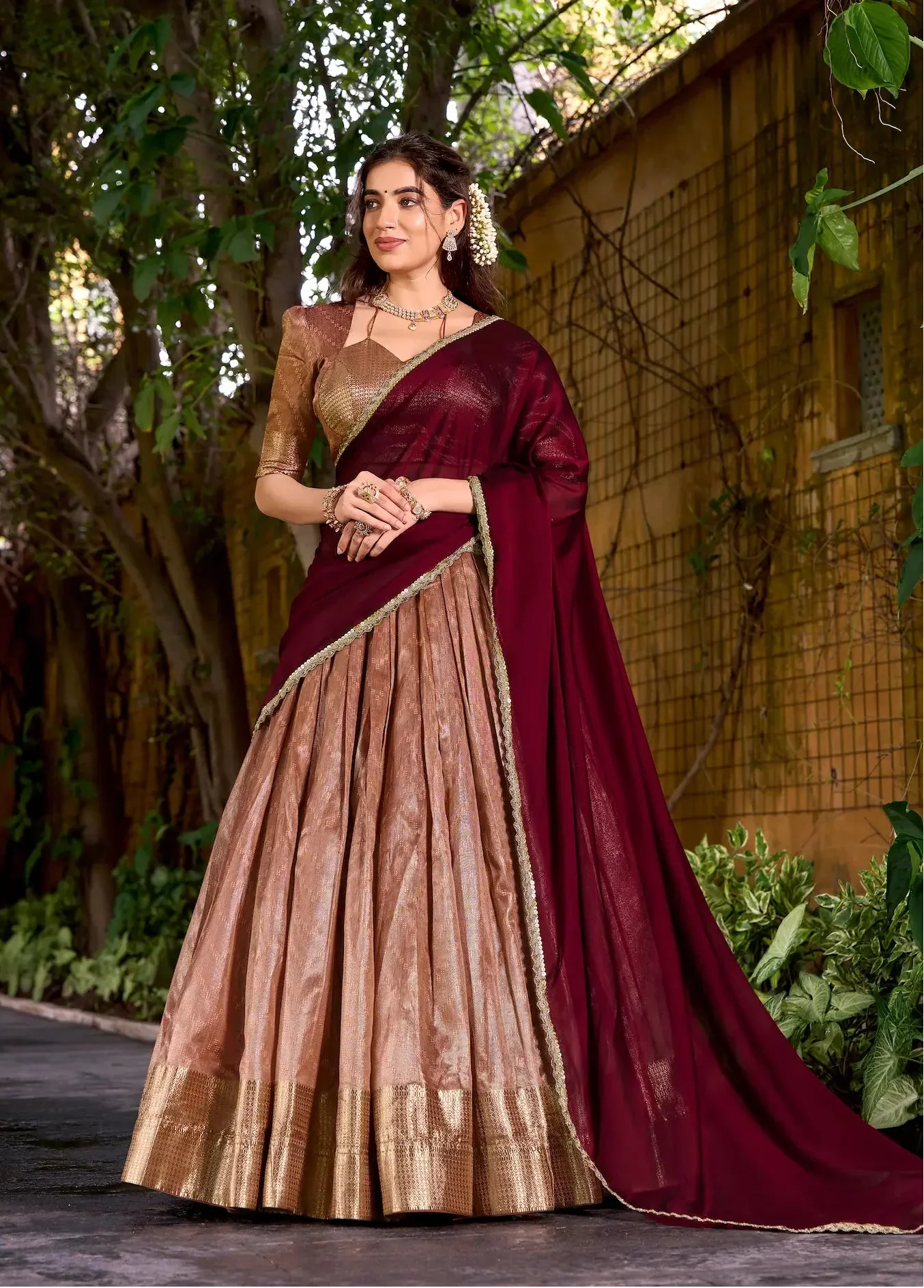 Dusty Peach Dhupian Silk Zari Weaving Lehenga Choli