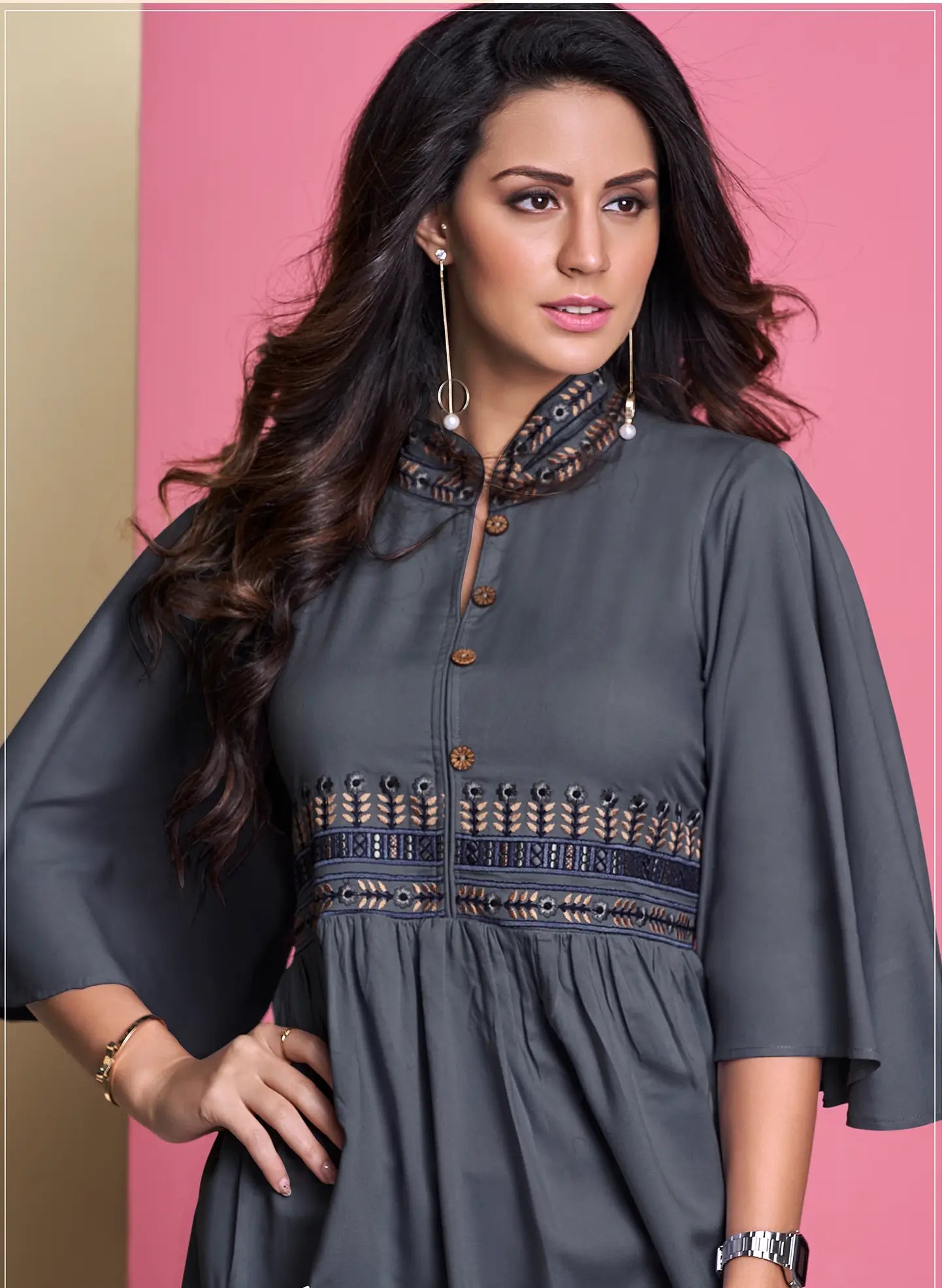 Grey Short Kurti With Embroidery Work - qivii