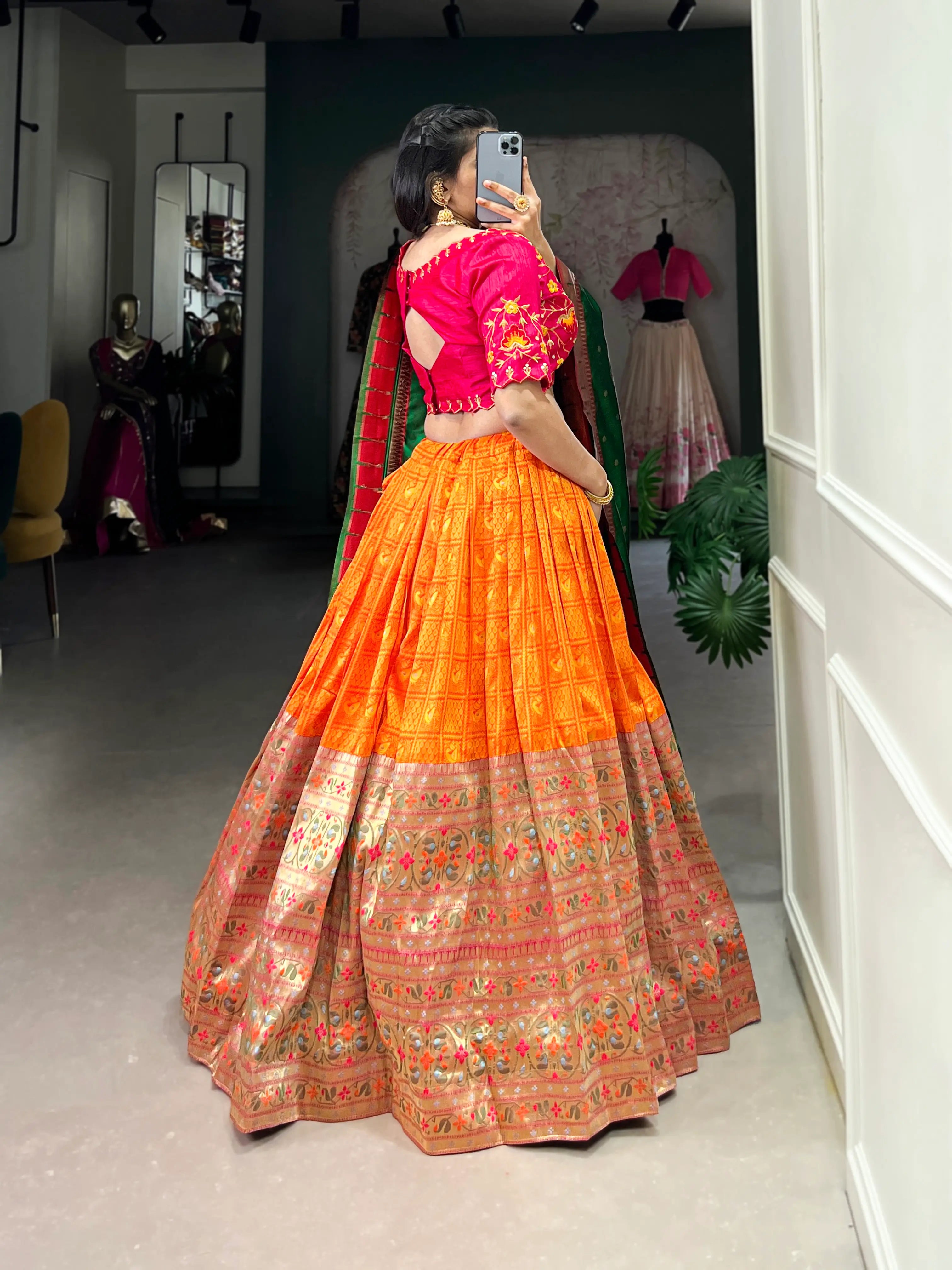 Orange Jacquard Silk Paithani Lehenga Choli With Zari Weaving Work | Ready To Wear - qivii
