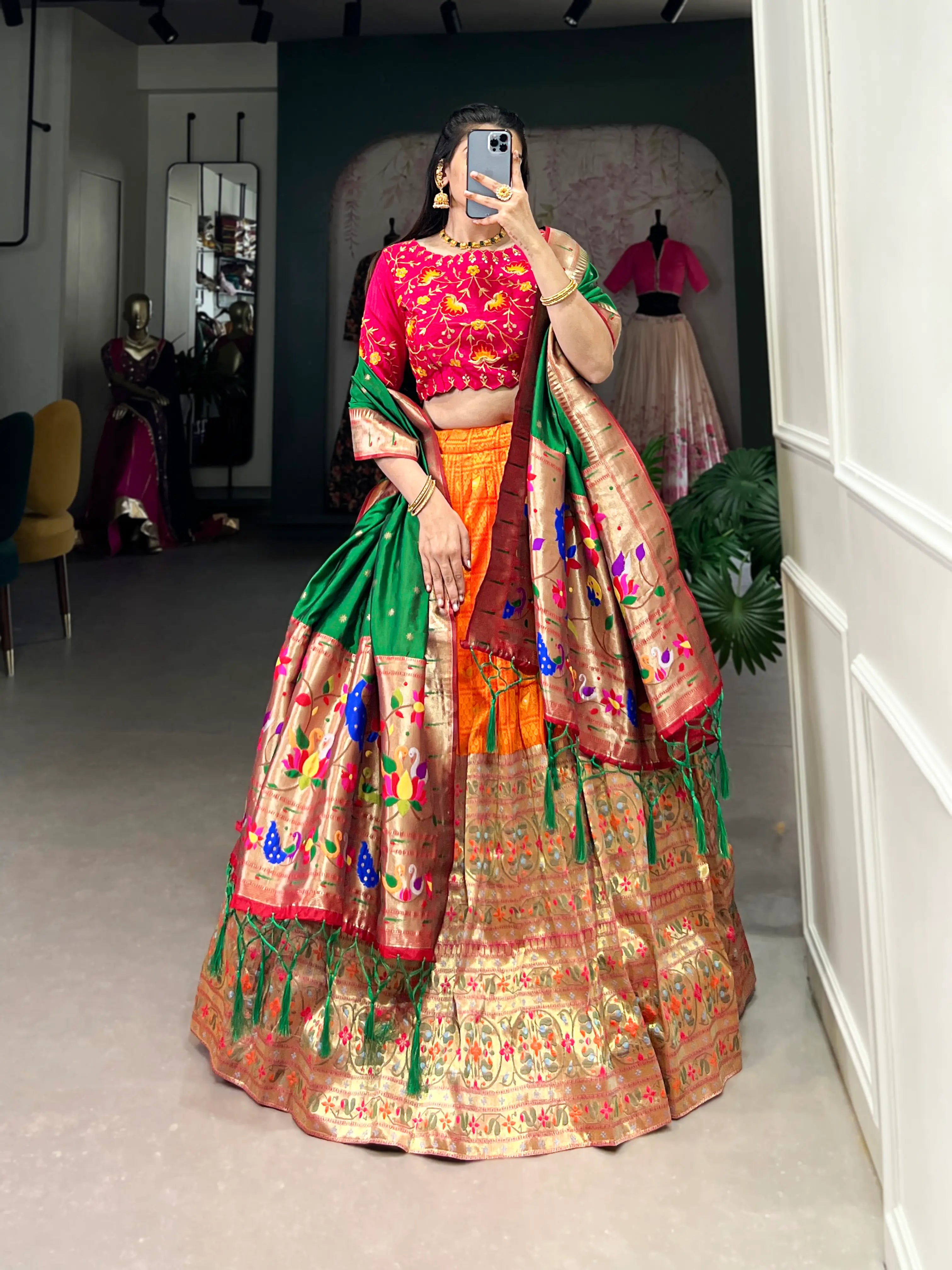 Orange Jacquard Silk Paithani Lehenga Choli With Zari Weaving Work | Ready To Wear - qivii