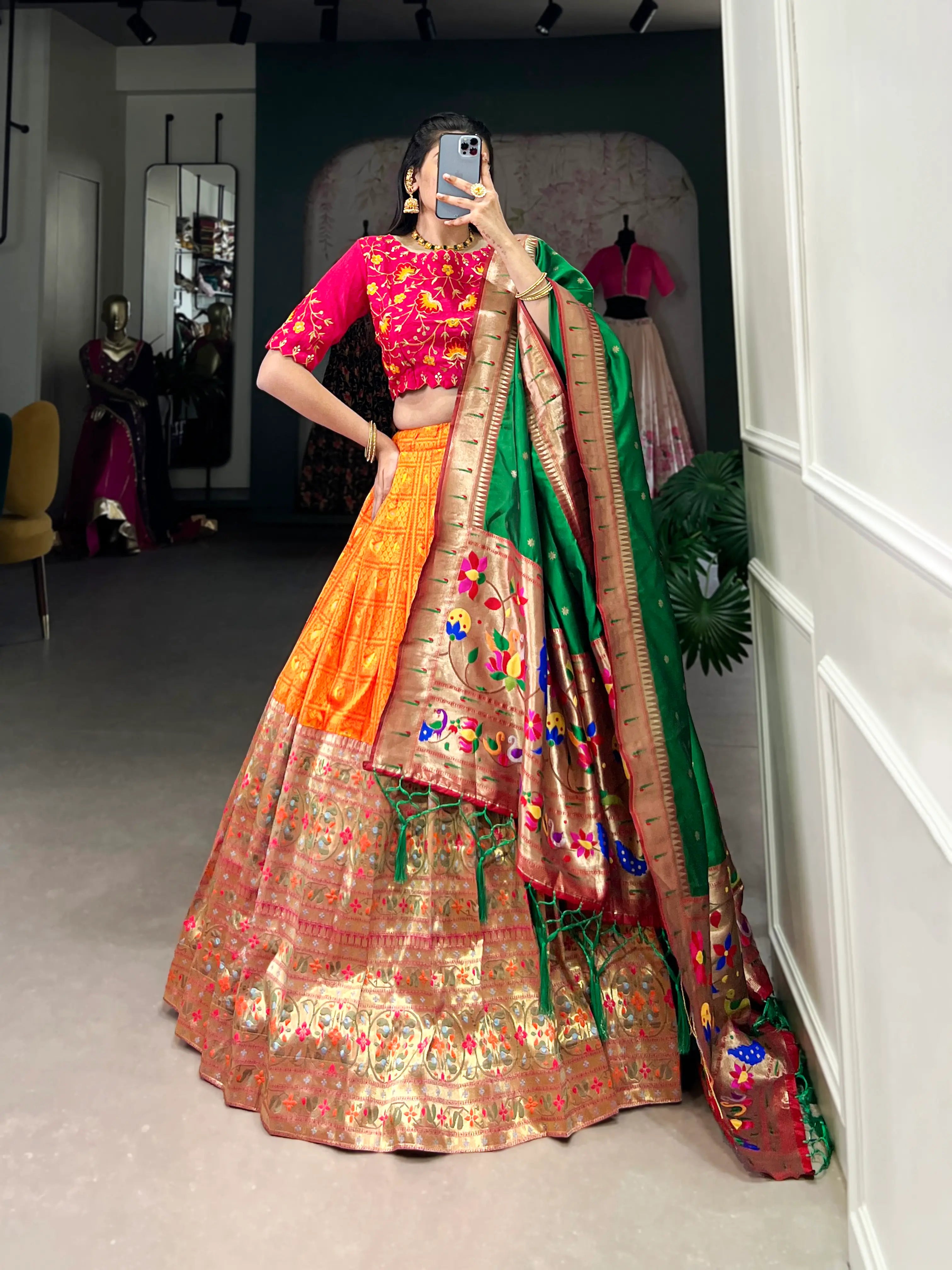 Orange Jacquard Silk Paithani Lehenga Choli With Zari Weaving Work | Ready To Wear - qivii