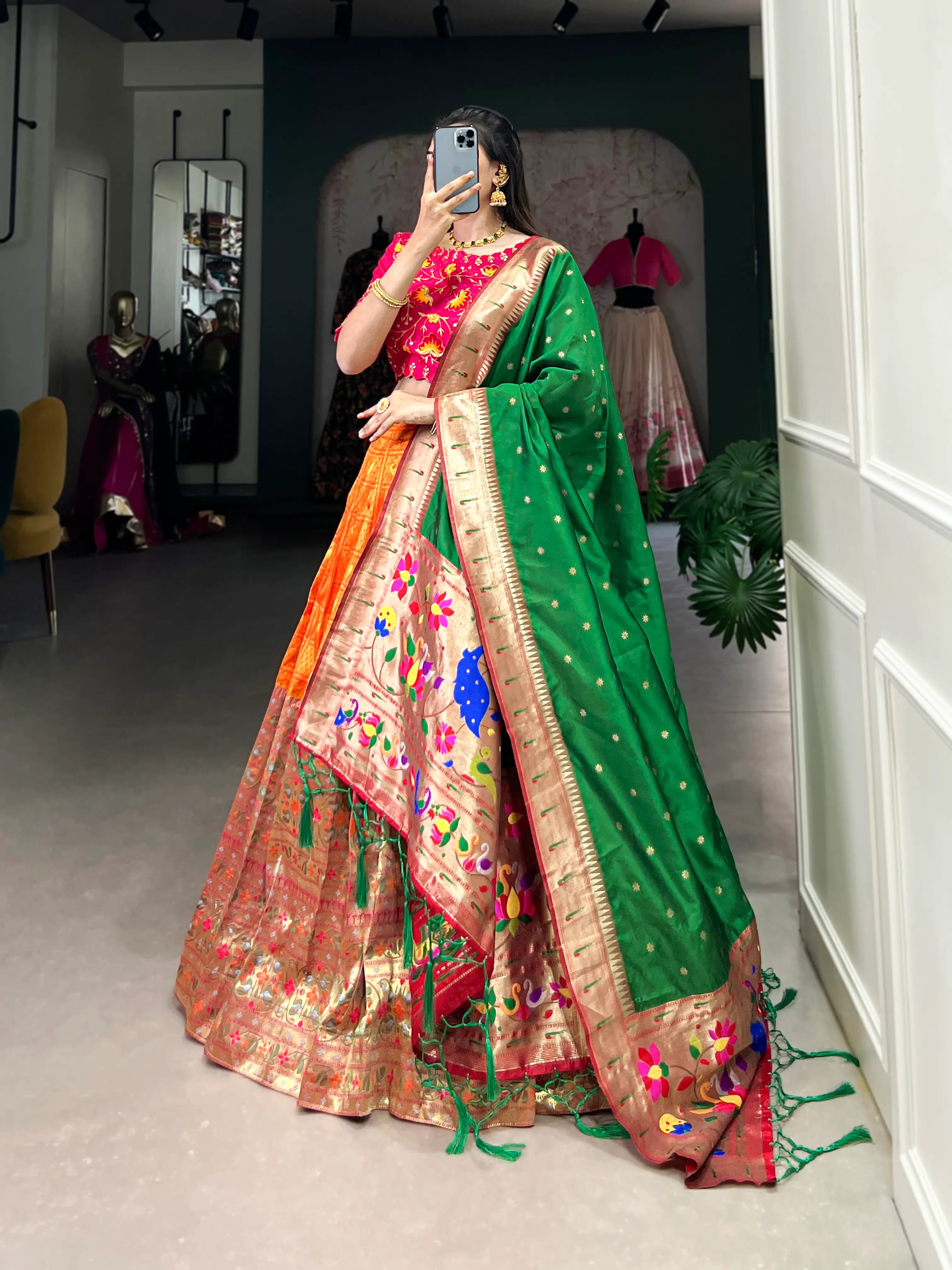 Orange Jacquard Silk Paithani Lehenga Choli With Zari Weaving Work | Ready To Wear - qivii