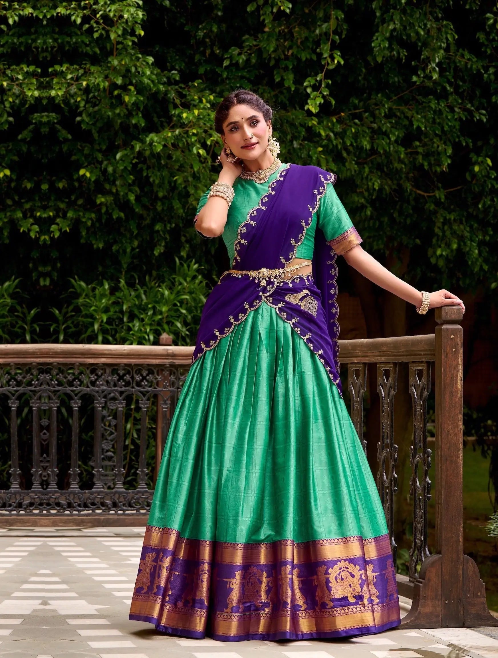 Teal Green Polly Cotton Zari Weaving Lehenga Choli - qivii