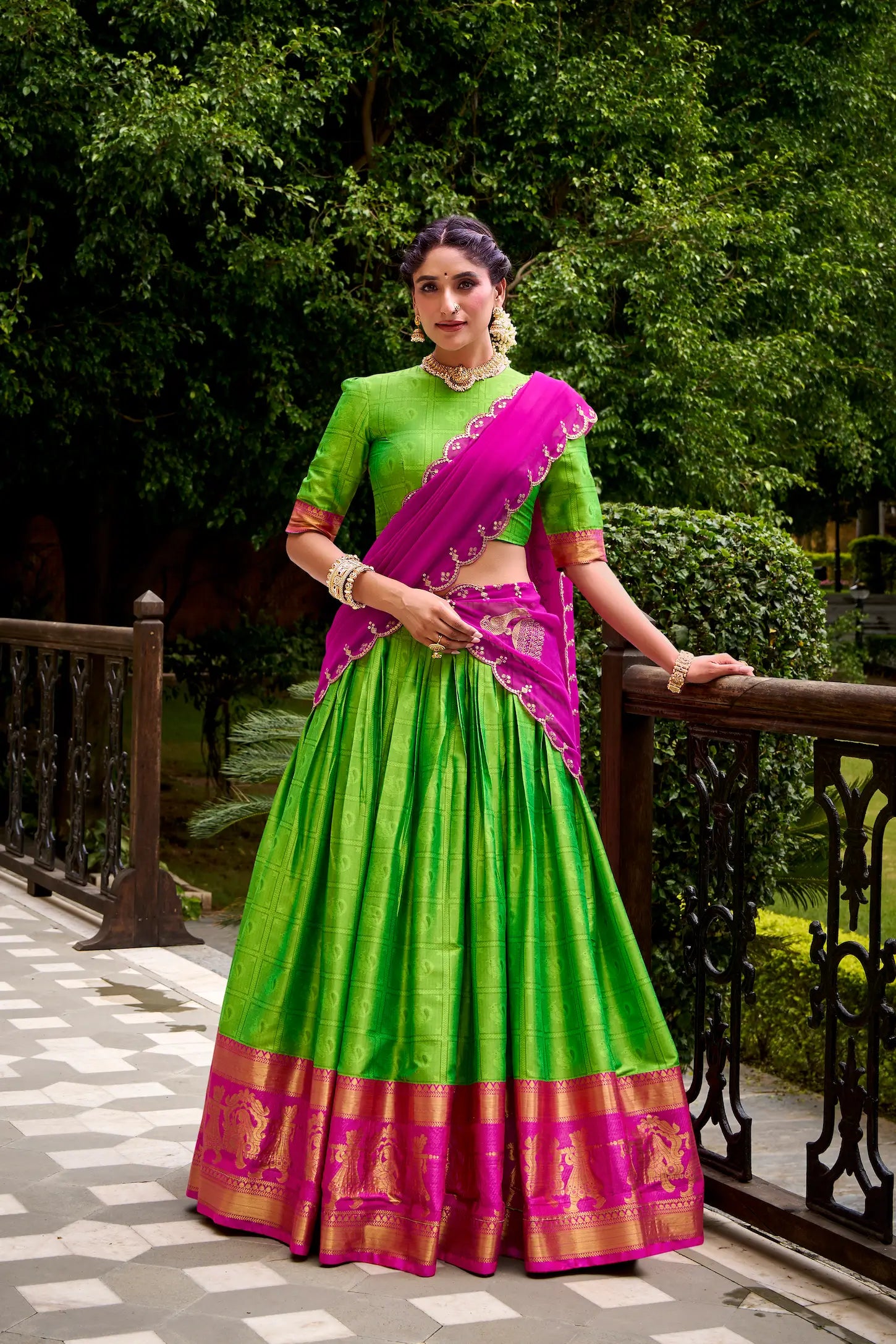 Parrot Green Polly Cotton Zari Weaving Lehenga Choli - qivii