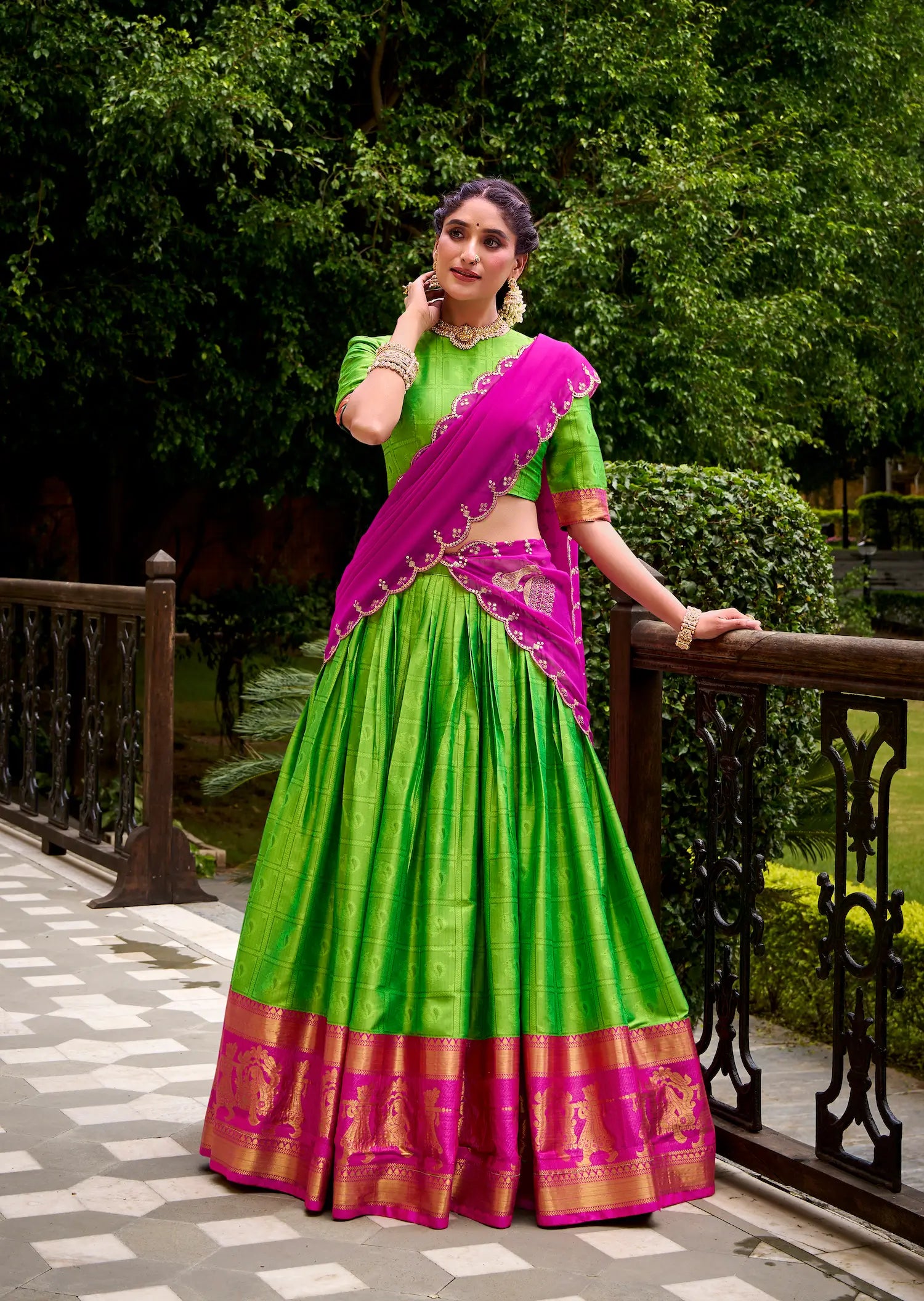 Parrot Green Polly Cotton Zari Weaving Lehenga Choli - qivii