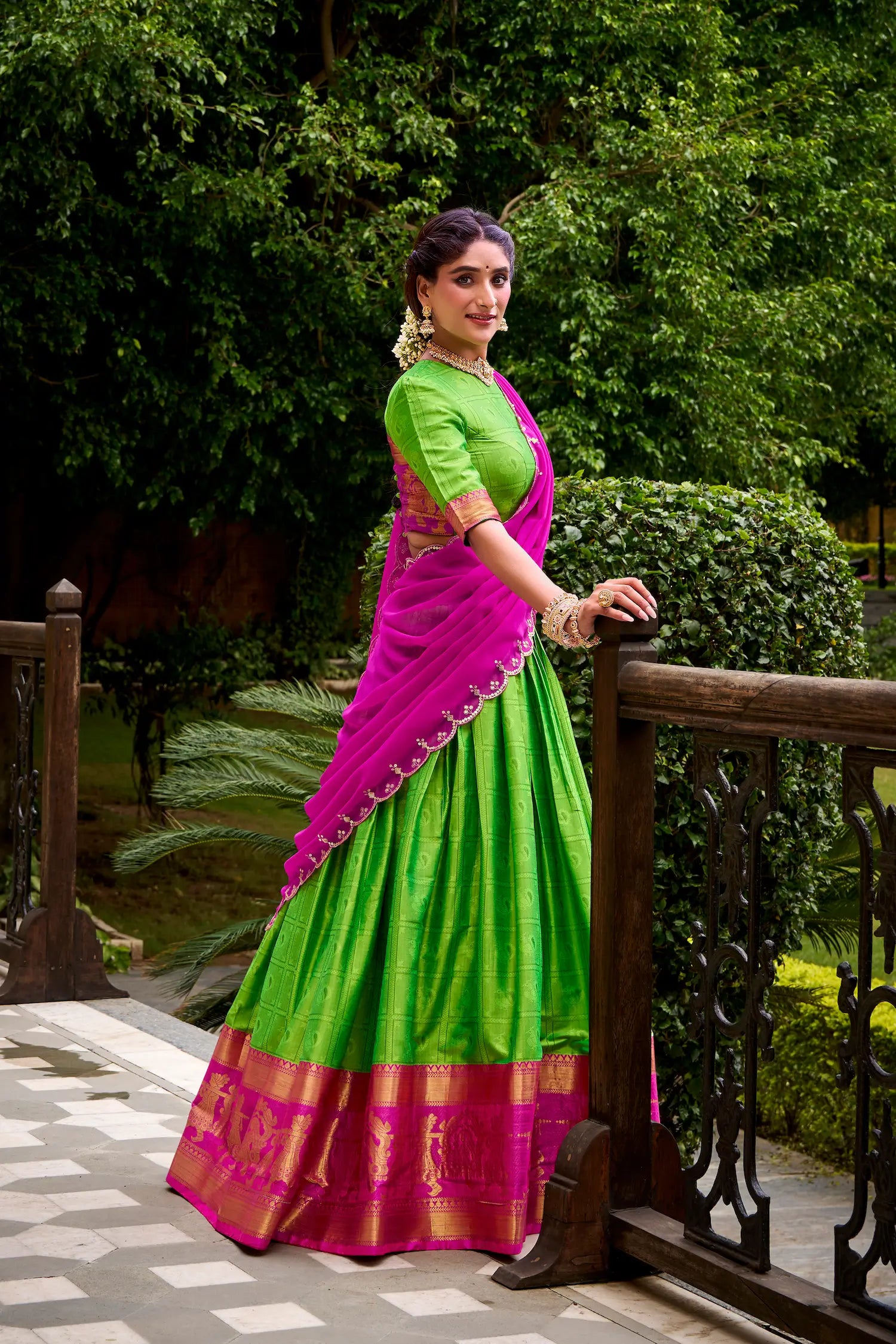 Parrot Green Polly Cotton Zari Weaving Lehenga Choli - qivii