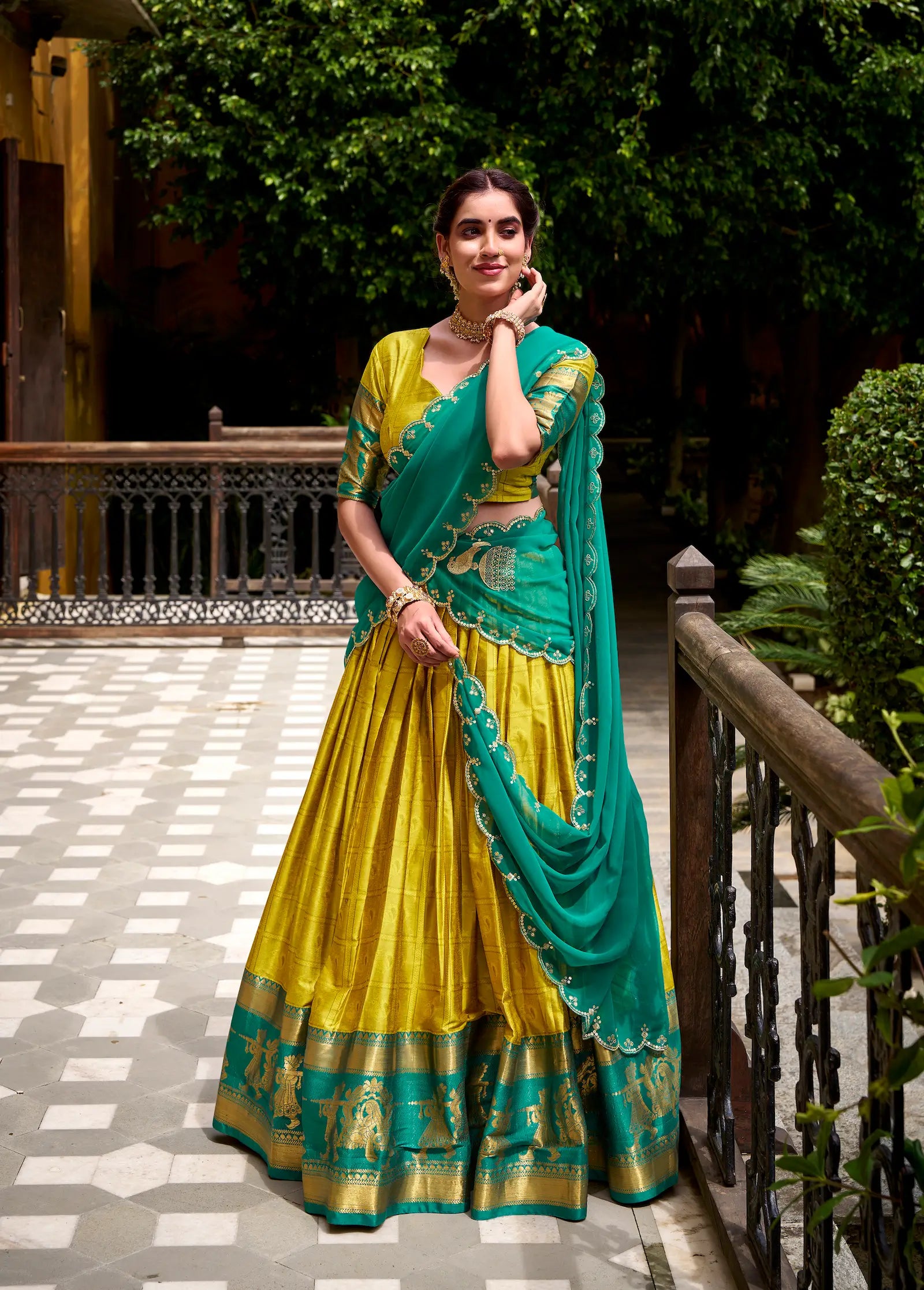 Burnt Yellow Polly Cotton Zari Weaving Lehenga Choli - qivii