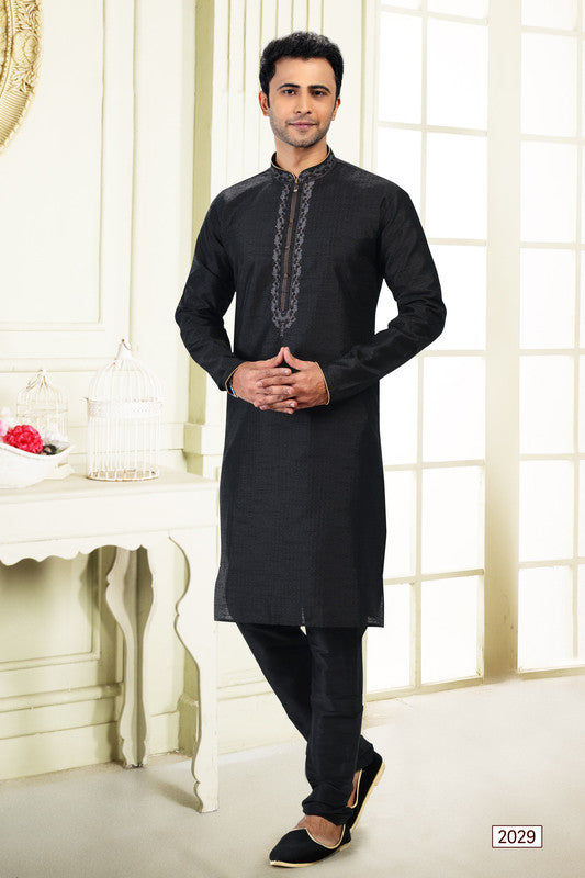 Men's Black Jacquard Banarasi Silk Thread Work Kurta Pajama Set