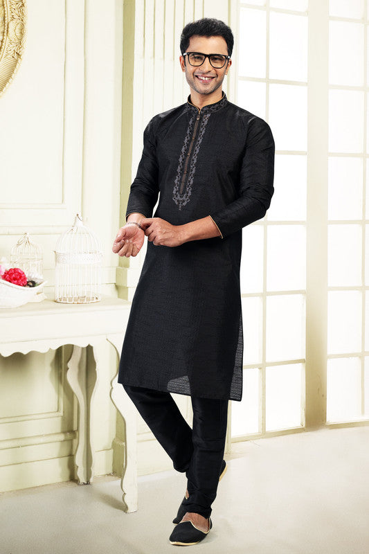 Men's Black Jacquard Banarasi Silk Thread Work Kurta Pajama Set