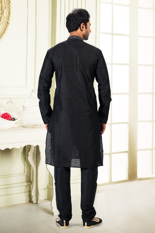Men's Black Jacquard Banarasi Silk Thread Work Kurta Pajama Set