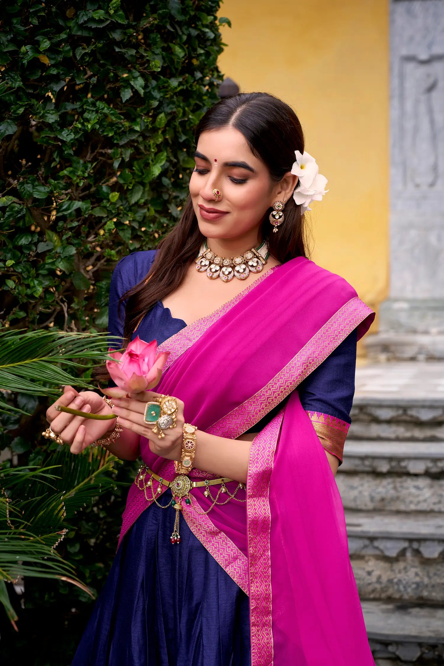 Navy Blue Poly Cotton Zari Weaving Lehenga Choli