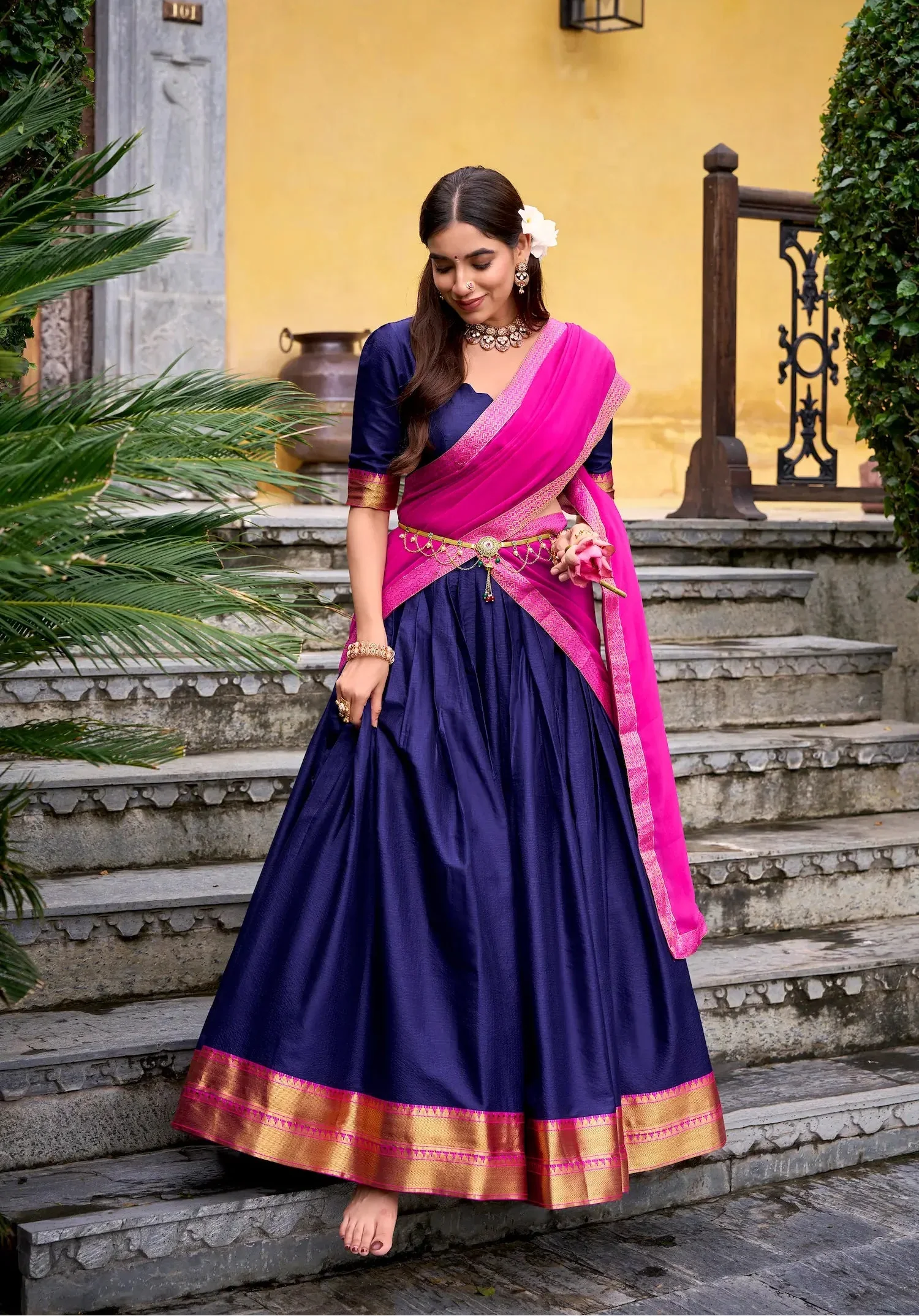 Navy Blue Poly Cotton Zari Weaving Lehenga Choli