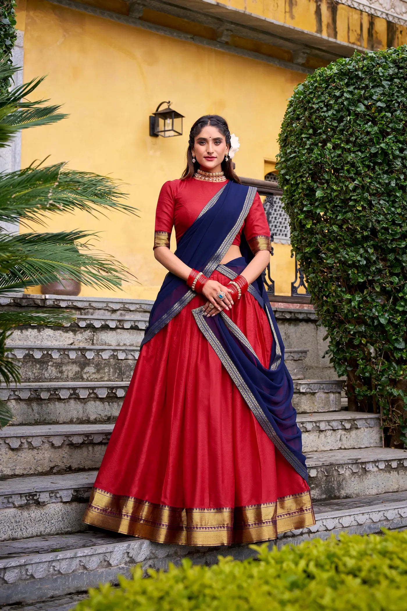 Bright Red Poly Cotton Zari Weaving Lehenga Choli