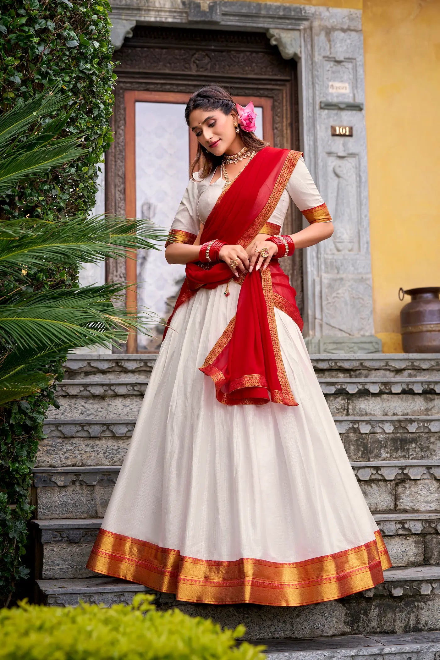Pearl White Poly Cotton Zari Weaving Lehenga Choli