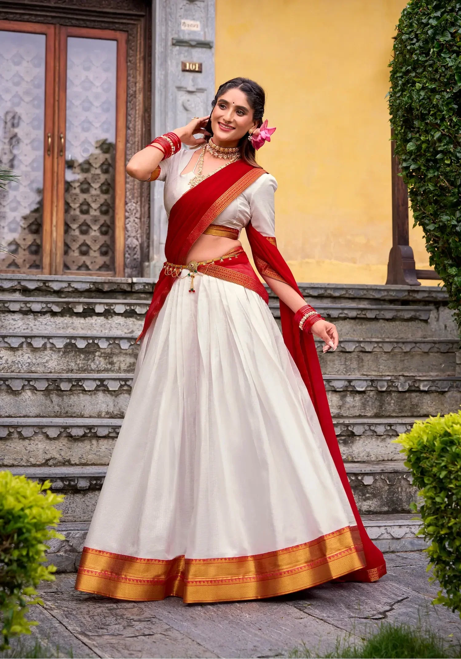 Pearl White Poly Cotton Zari Weaving Lehenga Choli