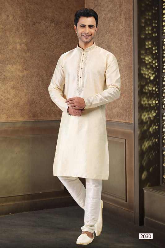 Men's Cream Jacquard Banarasi Silk Thread Work Kurta Pajama Set