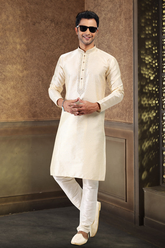 Men's Cream Jacquard Banarasi Silk Thread Work Kurta Pajama Set