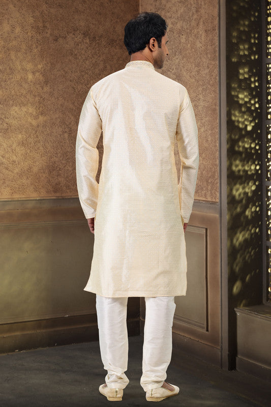 Men's Cream Jacquard Banarasi Silk Thread Work Kurta Pajama Set