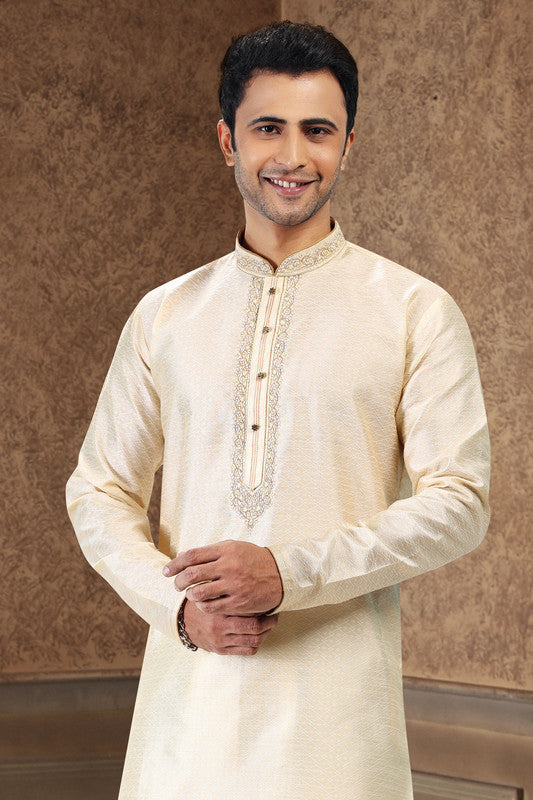 Men's Cream Jacquard Banarasi Silk Thread Work Kurta Pajama Set