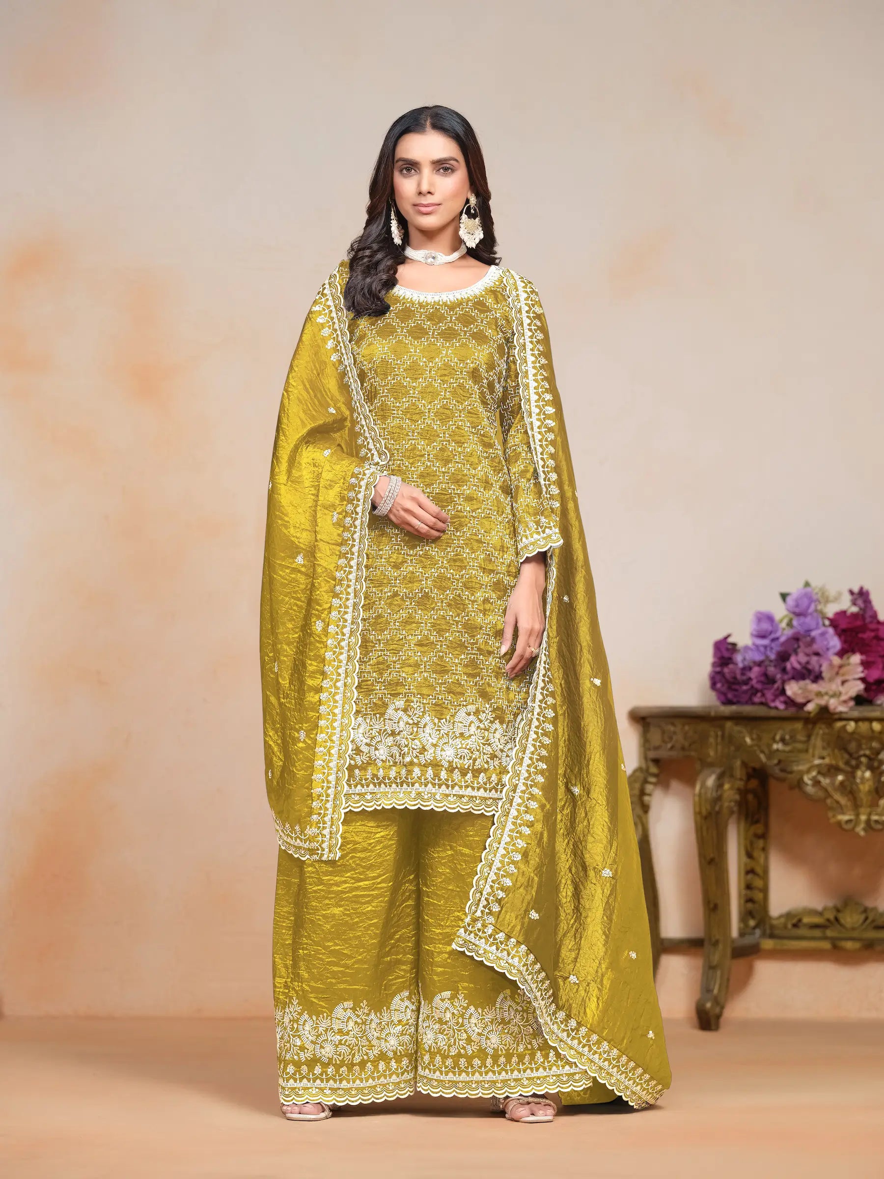 Yellow Gold Crush Thread & Sequence Embroidery Work Palazzo Suit - qivii