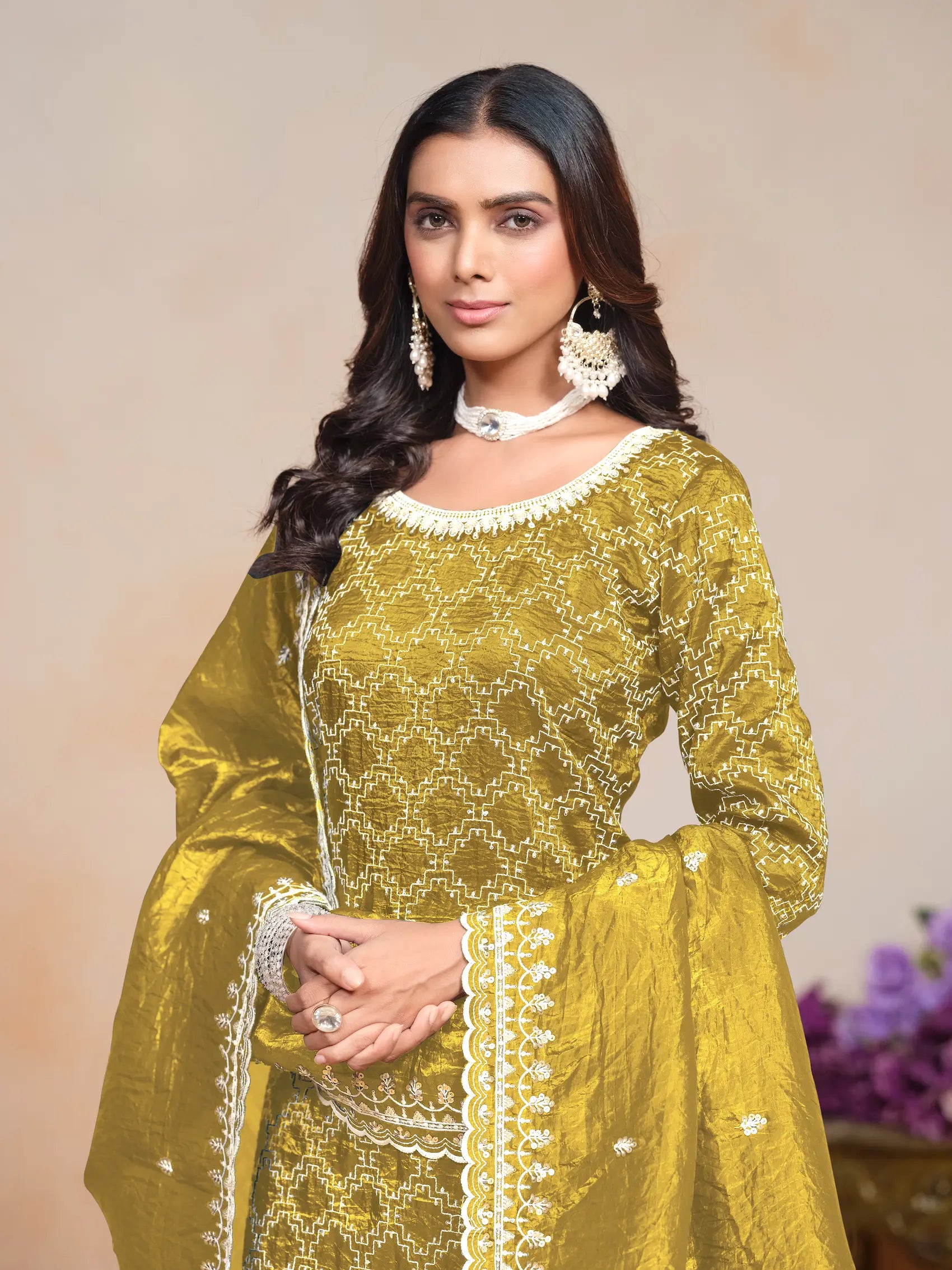 Yellow Gold Crush Thread & Sequence Embroidery Work Palazzo Suit - qivii