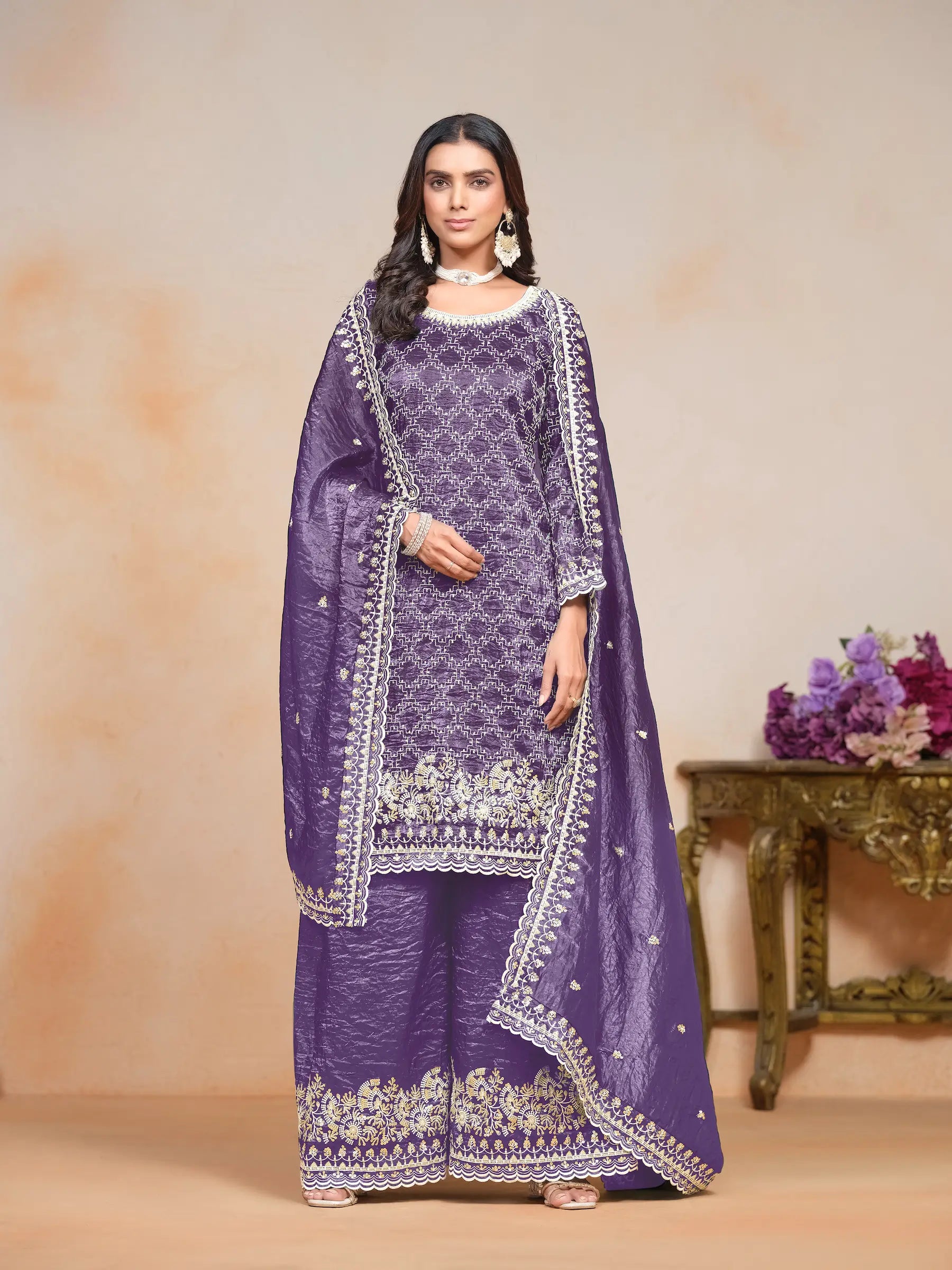 Purple Gold Crush Thread & Sequence Embroidery Work Palazzo Suit - qivii