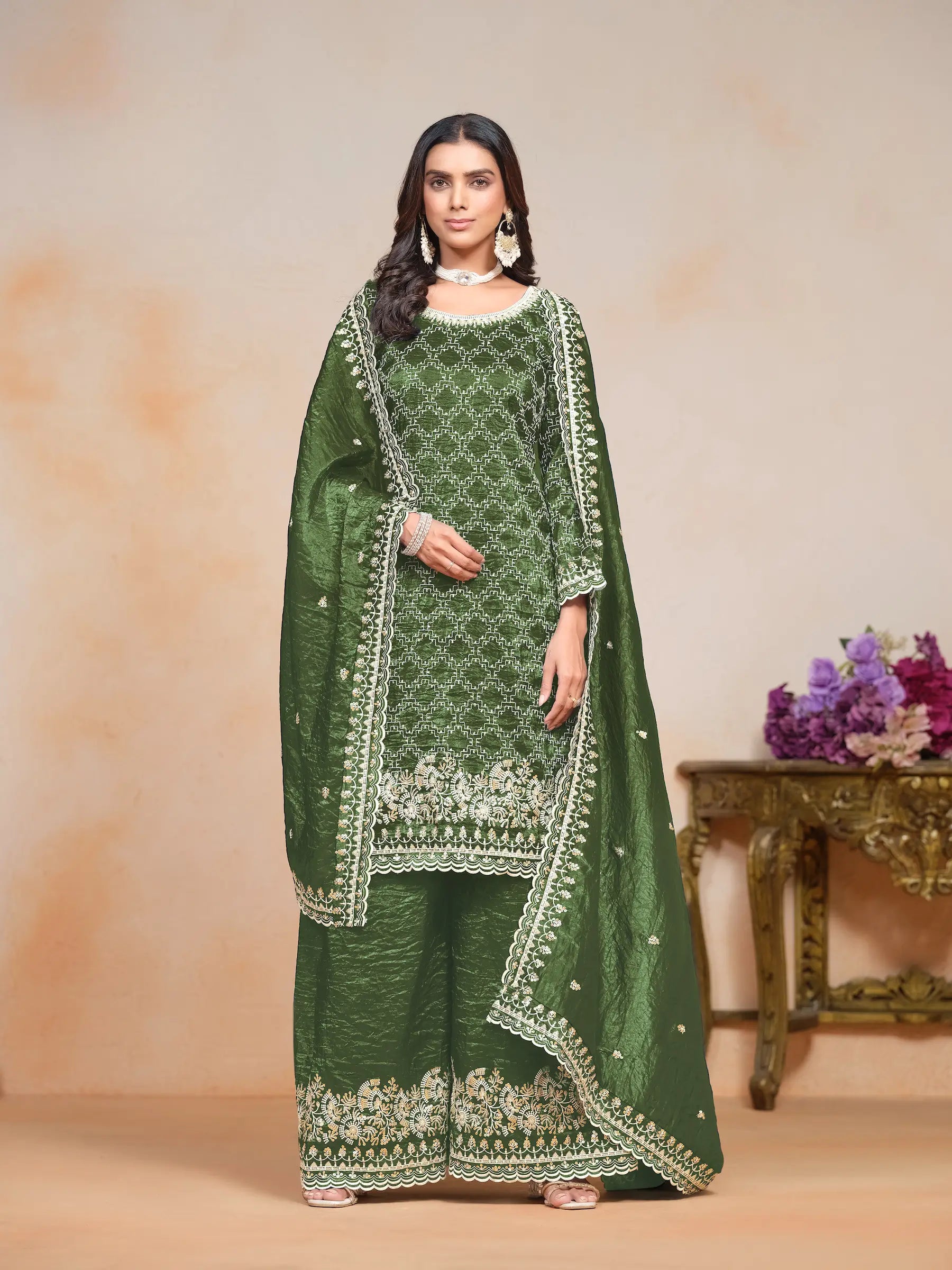 Olive Green Gold Crush Thread & Sequence Embroidery Work Palazzo Suit - qivii