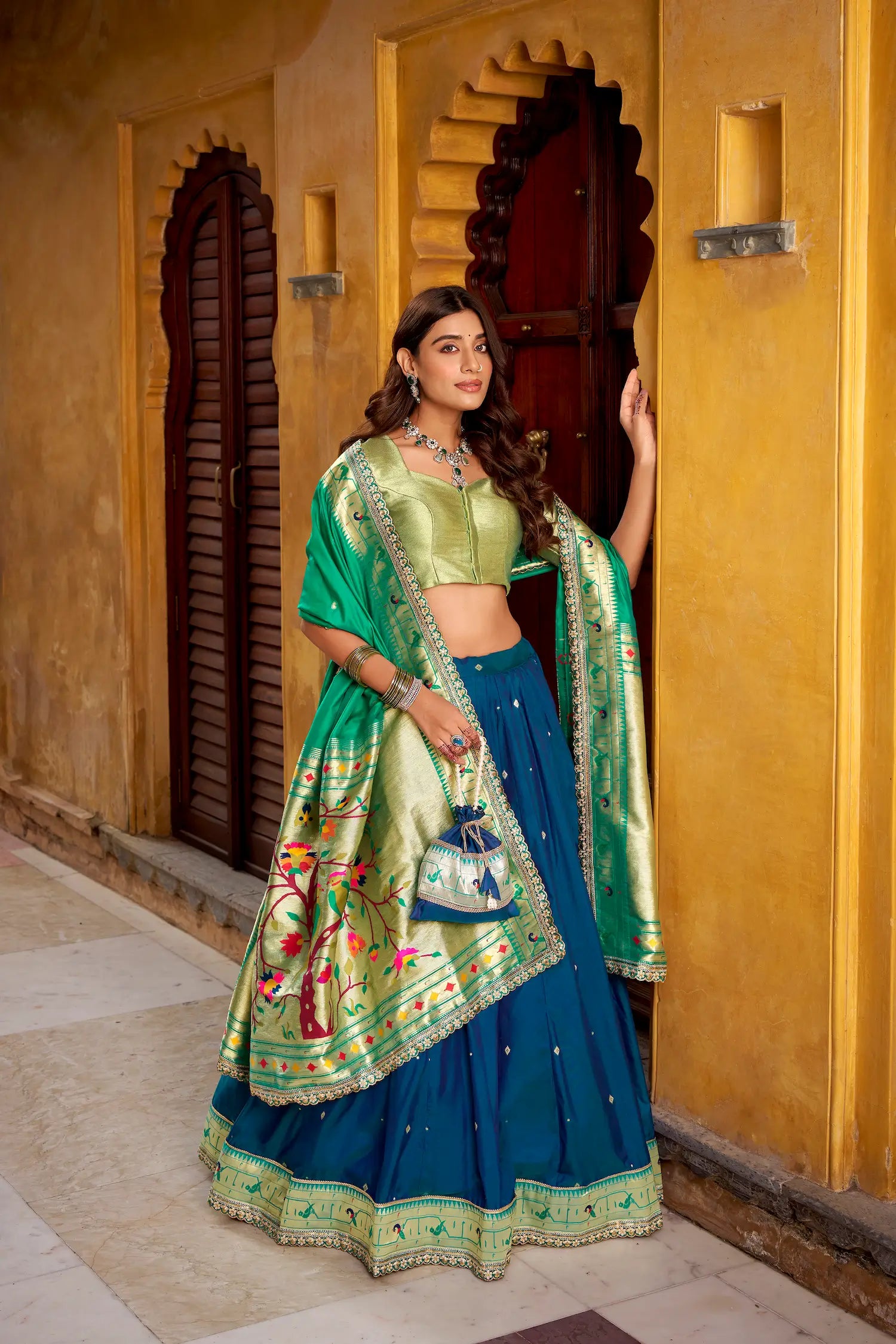 Navy Blue Zari Weaving Paithani Lehenga Choli