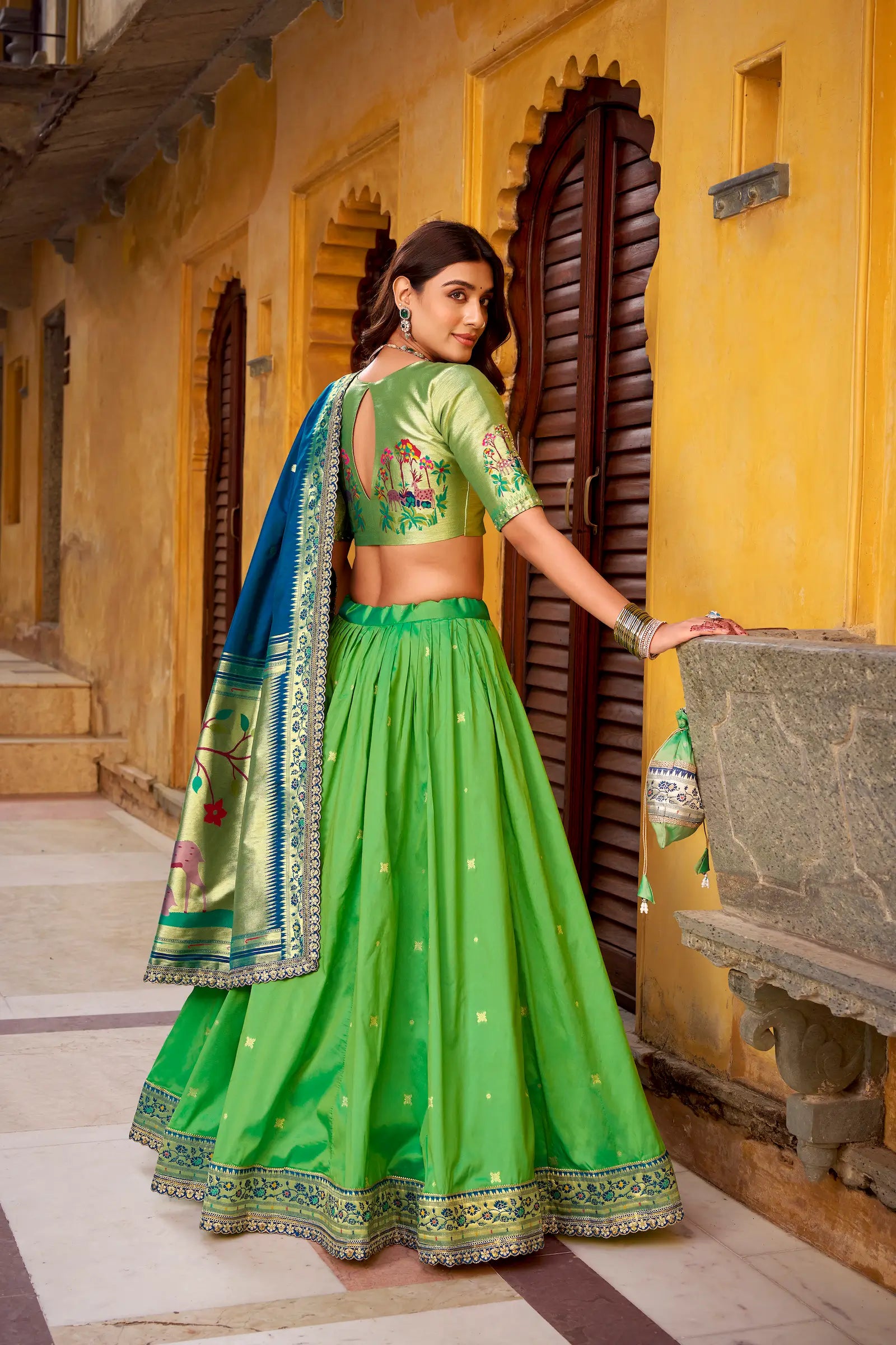 Parrot Green Zari Weaving Paithani Lehenga Choli
