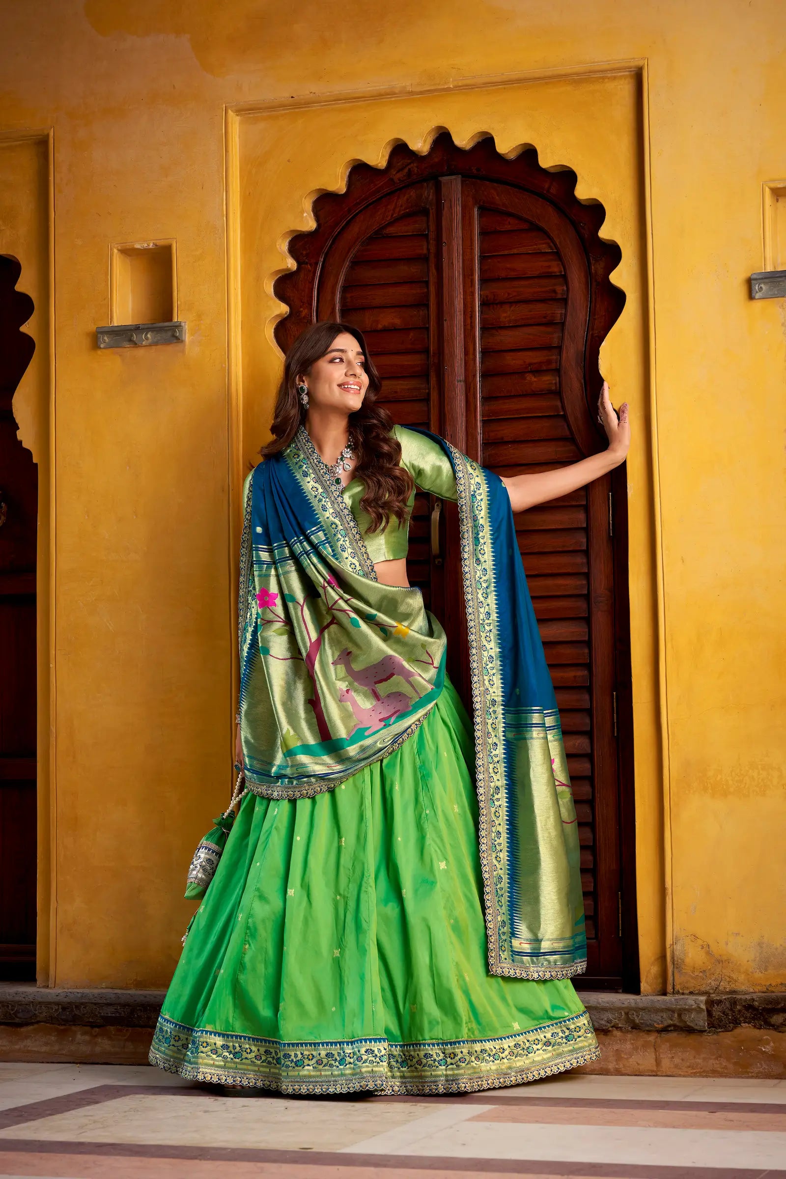 Parrot Green Zari Weaving Paithani Lehenga Choli