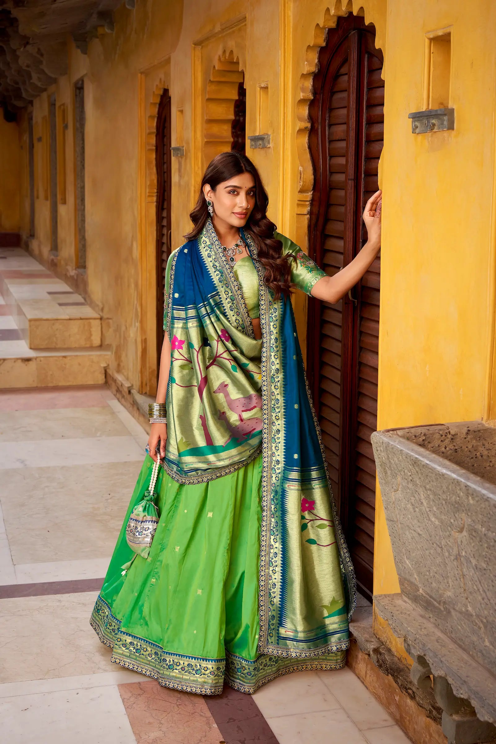Parrot Green Zari Weaving Paithani Lehenga Choli