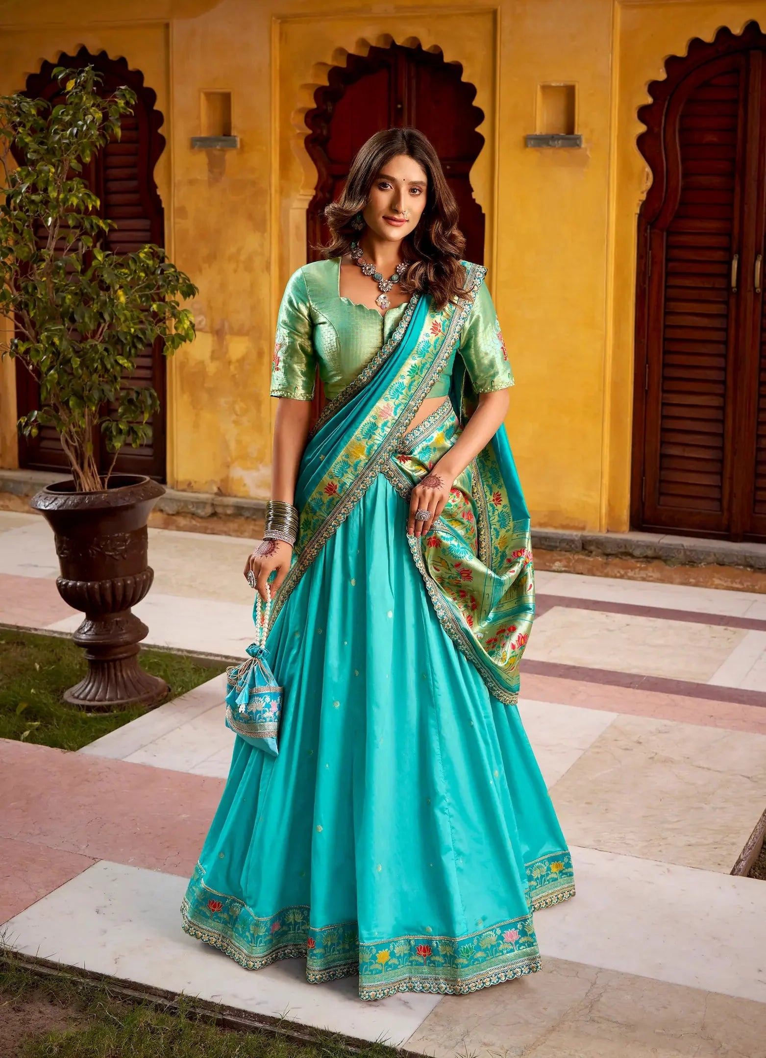 Sea Blue Zari Weaving Paithani Lehenga Choli
